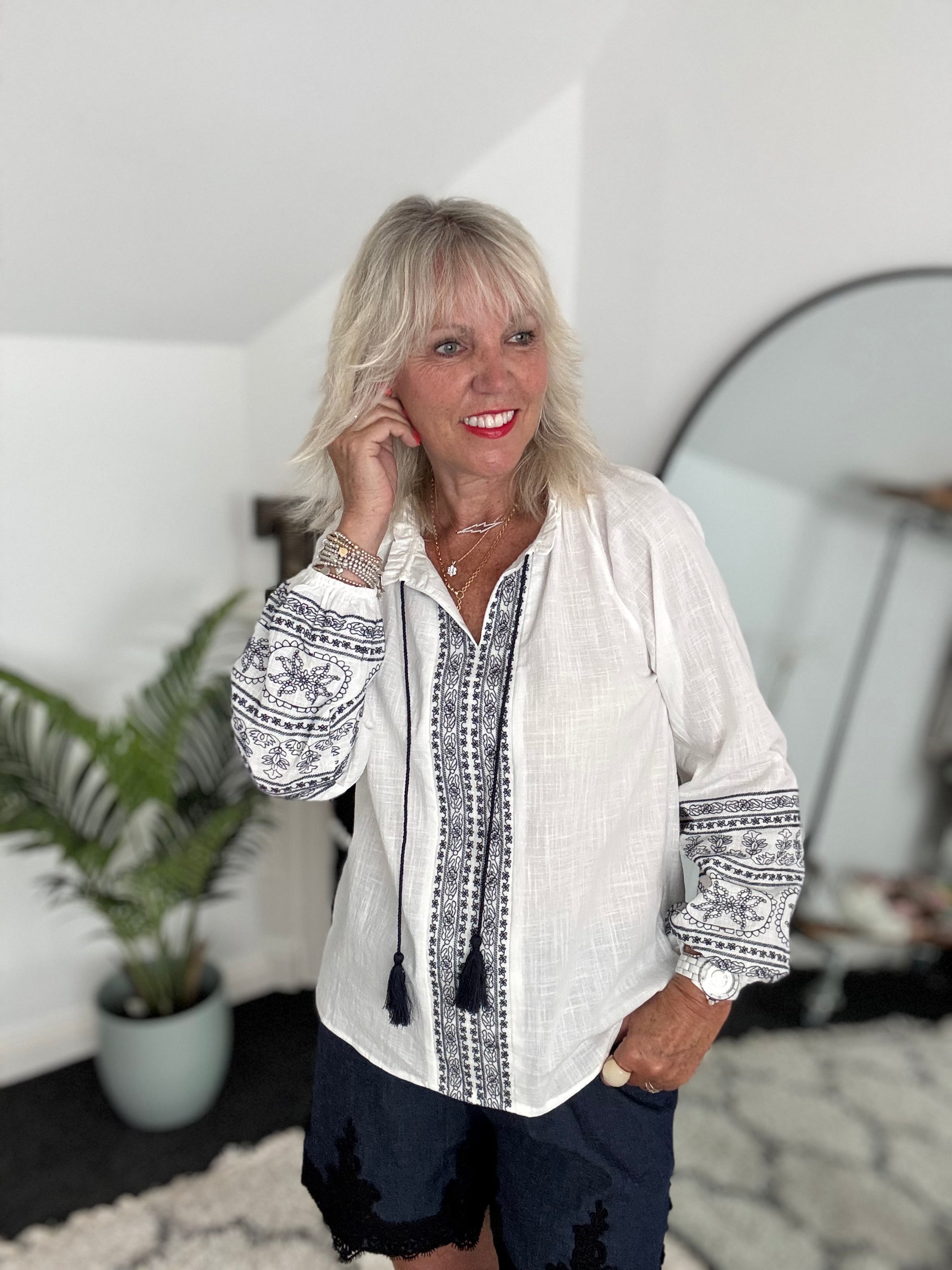 Embroidered Cotton Blouse in White & Navy