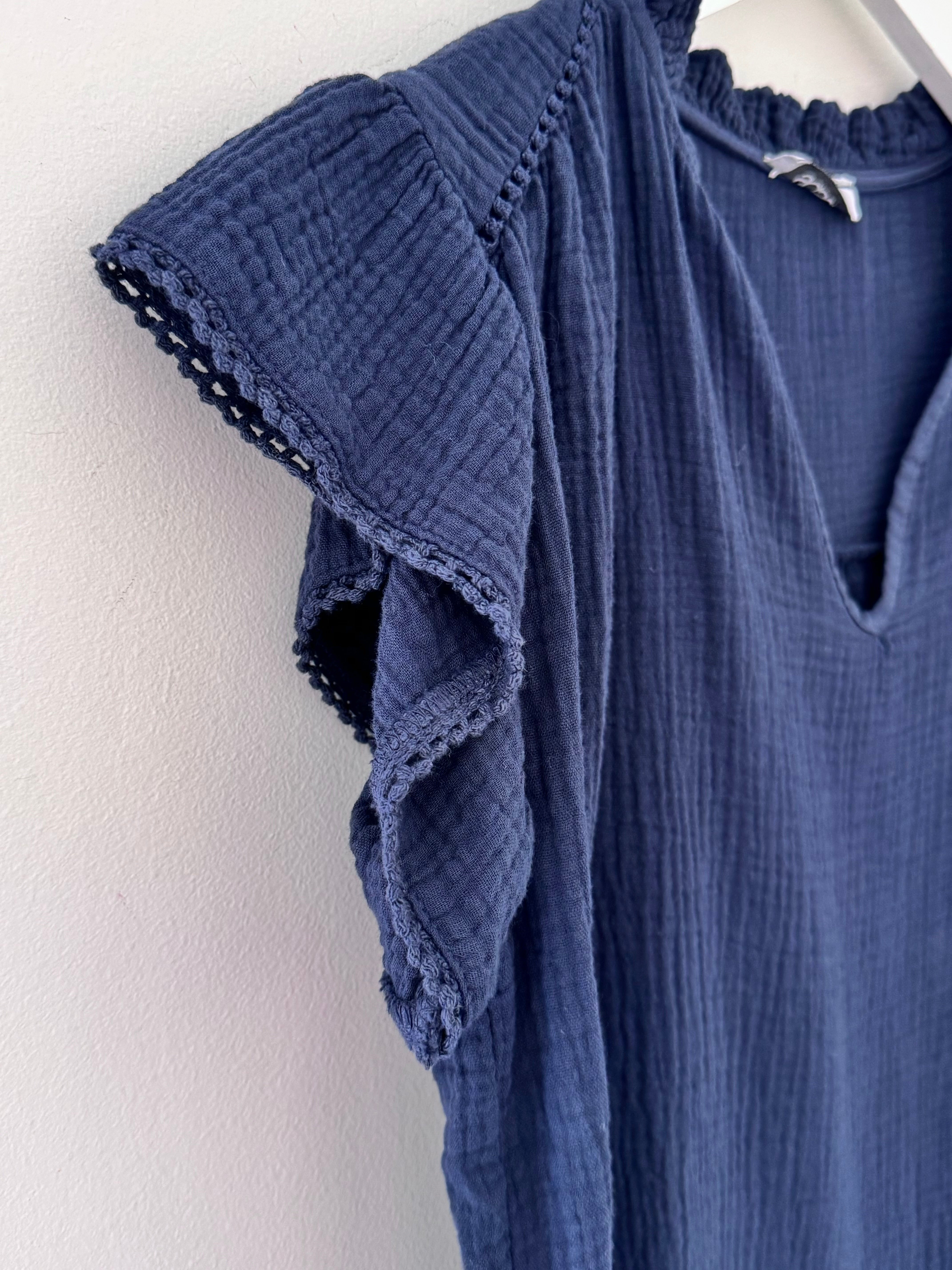 Cheesecloth Top with Ruffle Sleeves in Navy