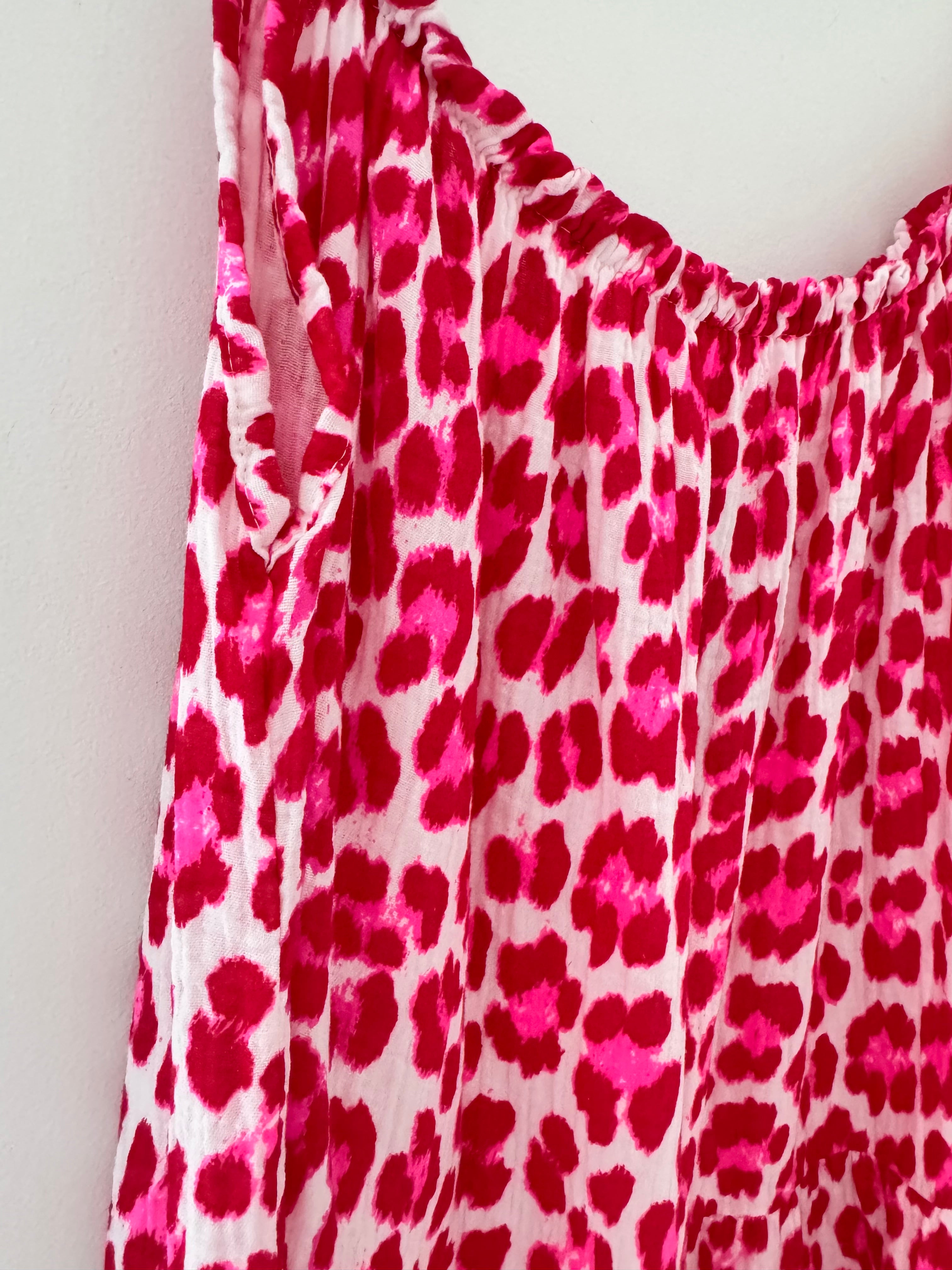 Leopard Cheesecloth Dress in Red & Pink