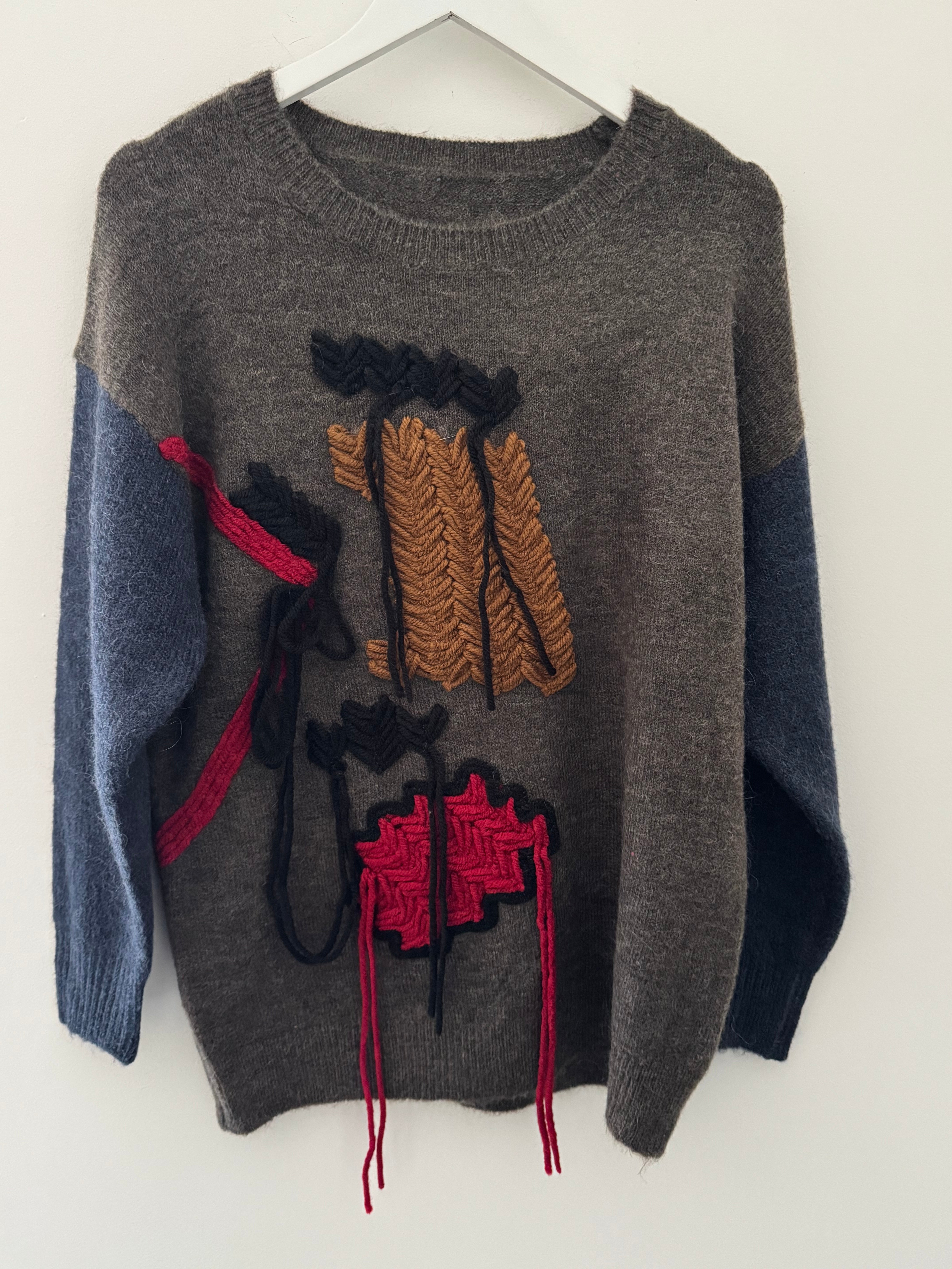 Fringe Cable Knit Jumper in Cocoa & Blue