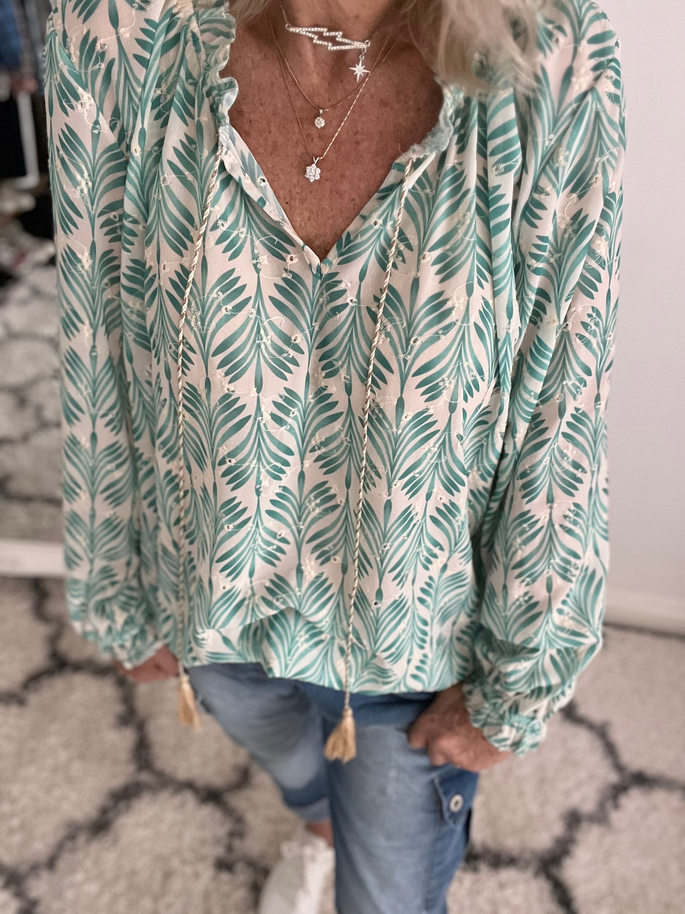 Embroidered Patterned Blouse in Green