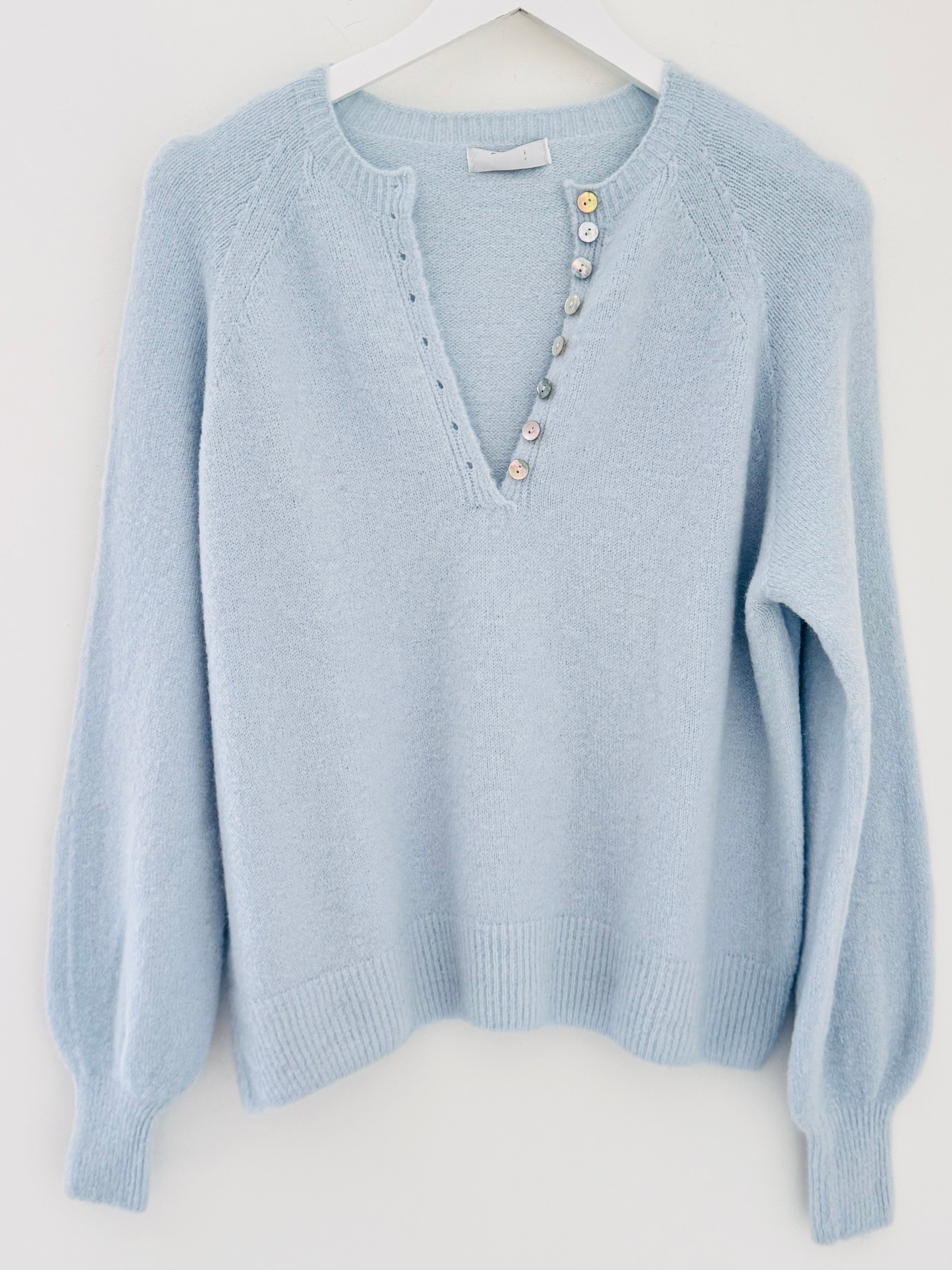 Softie Jumper with Button Neck in Ice Blue