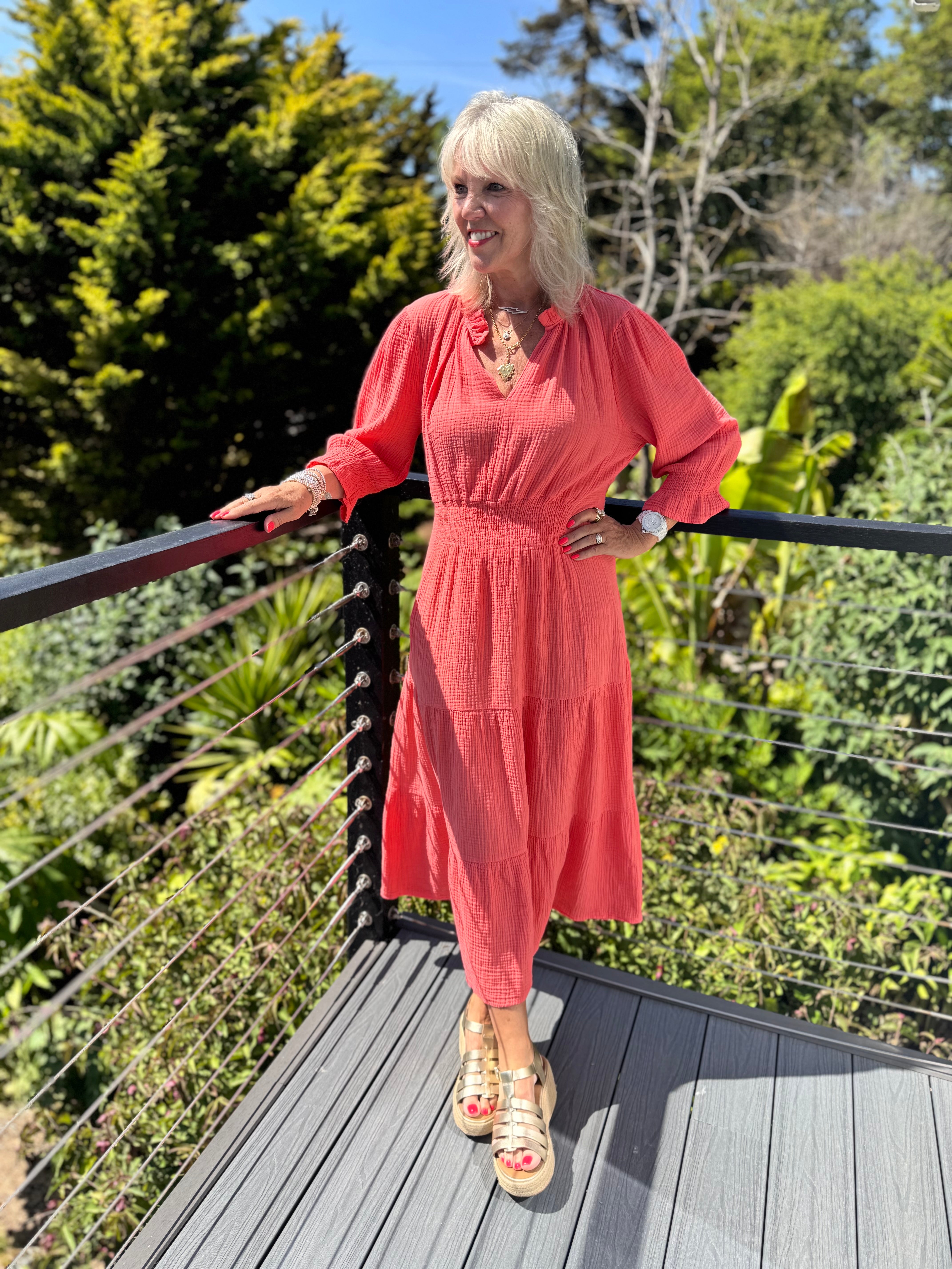 Cheesecloth Midi Dress in Coral
