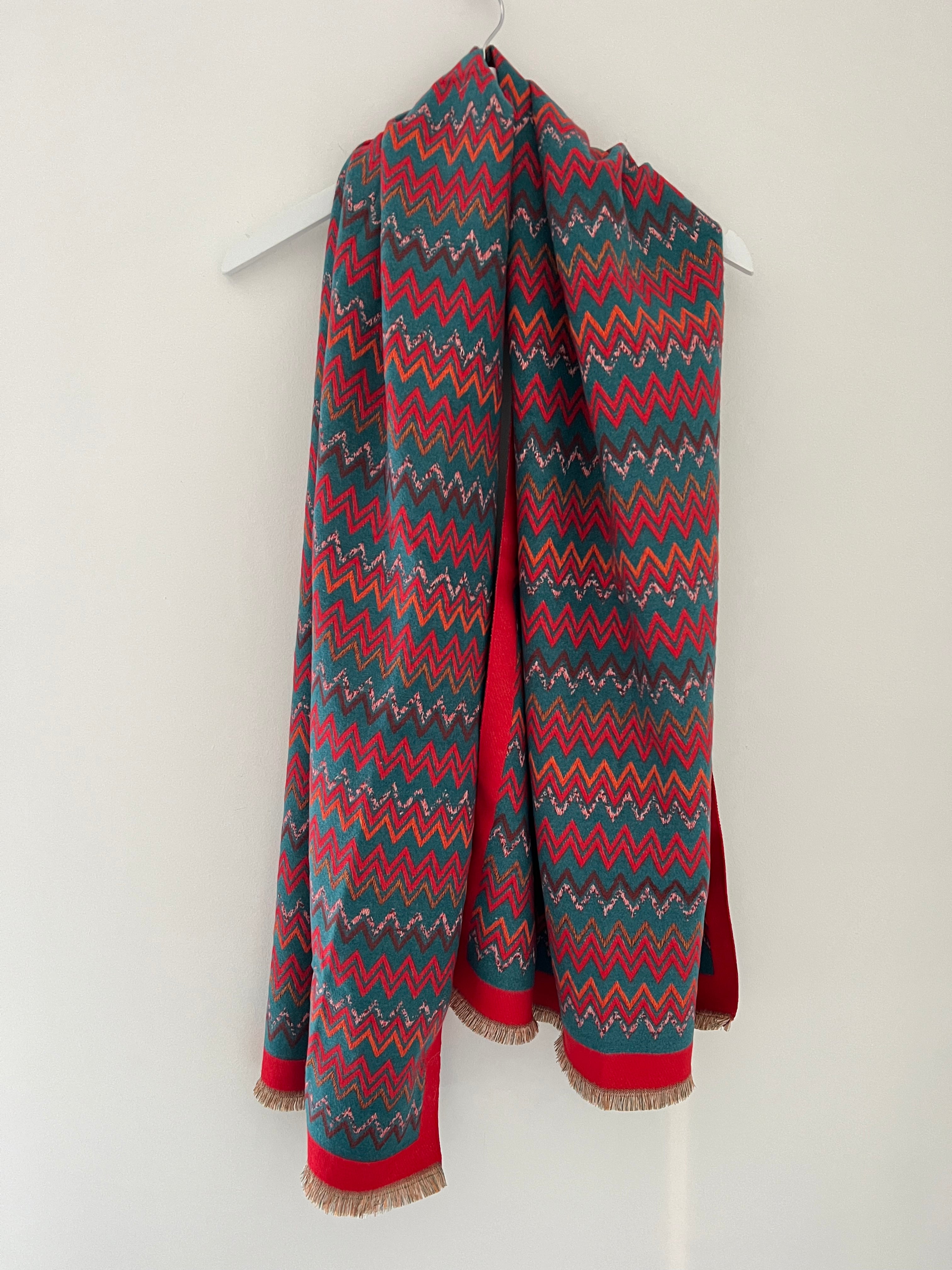 Teal & Red Zig Zag Knitted Scarf