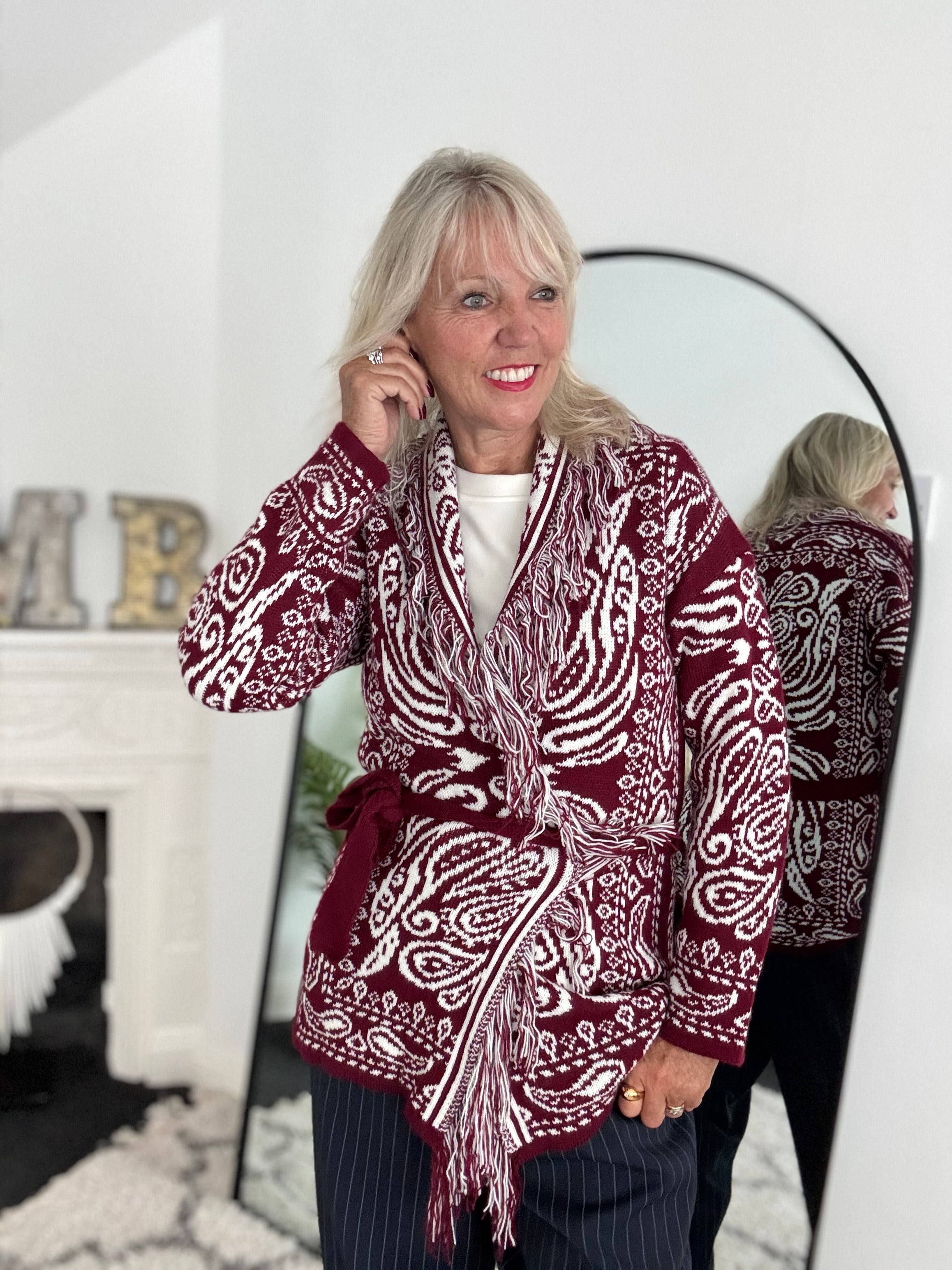 Fringed Paisley Cardigan in Wine