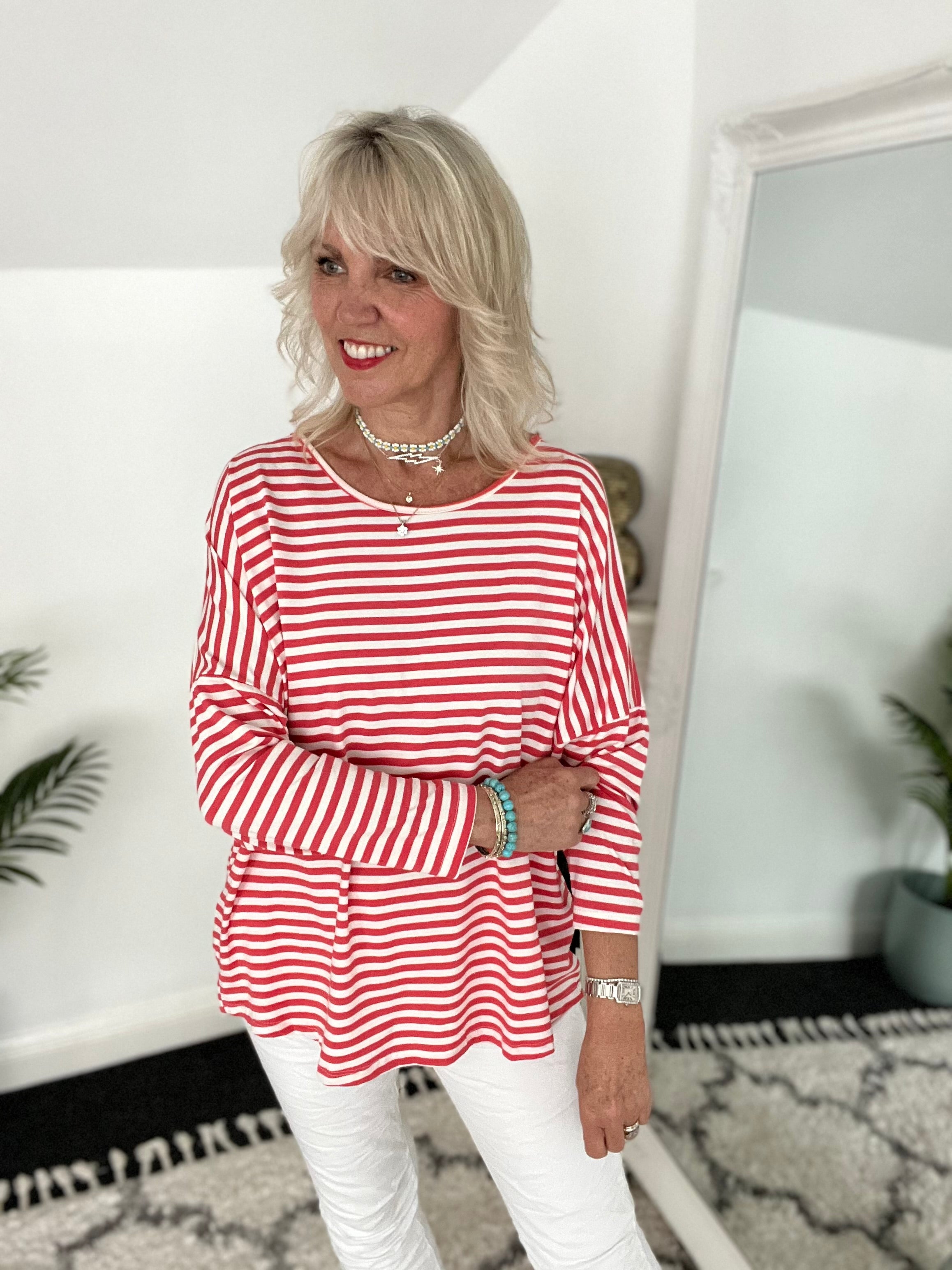 Oversized Stripe Top in Coral Red & White
