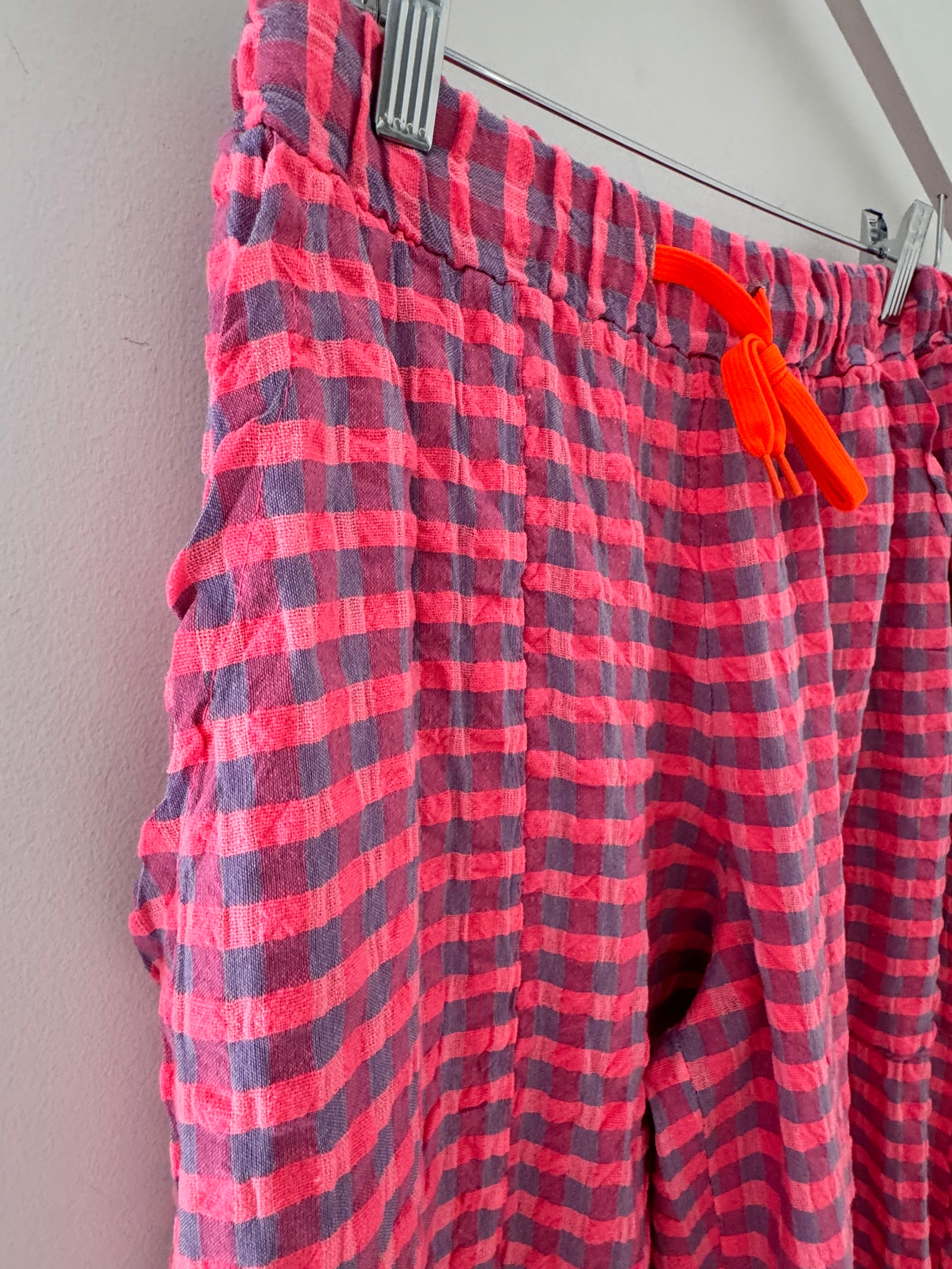 Barrel Check Trousers in Neon Pink