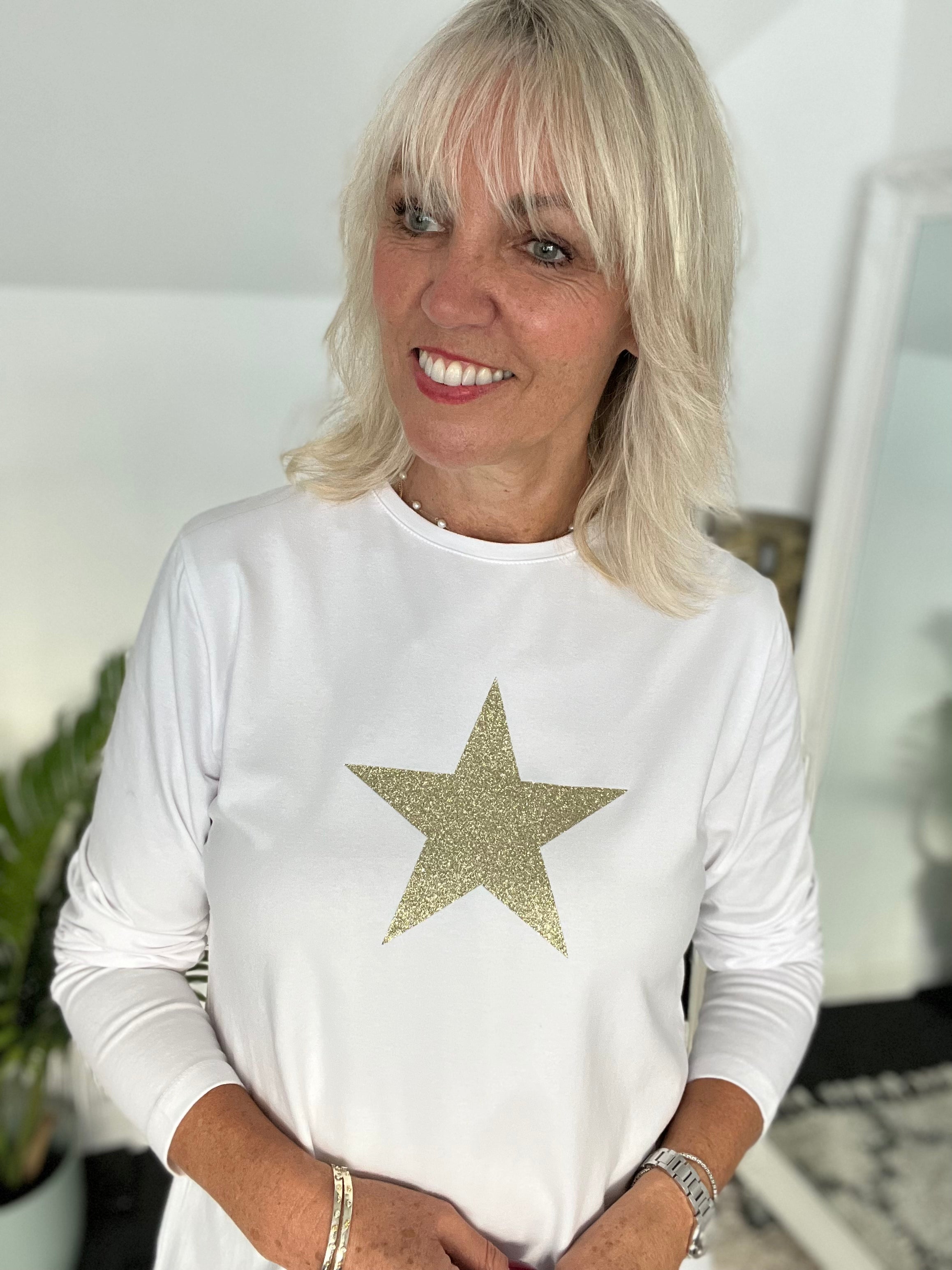 White Long Sleeve Top with Champagne Glitter Star