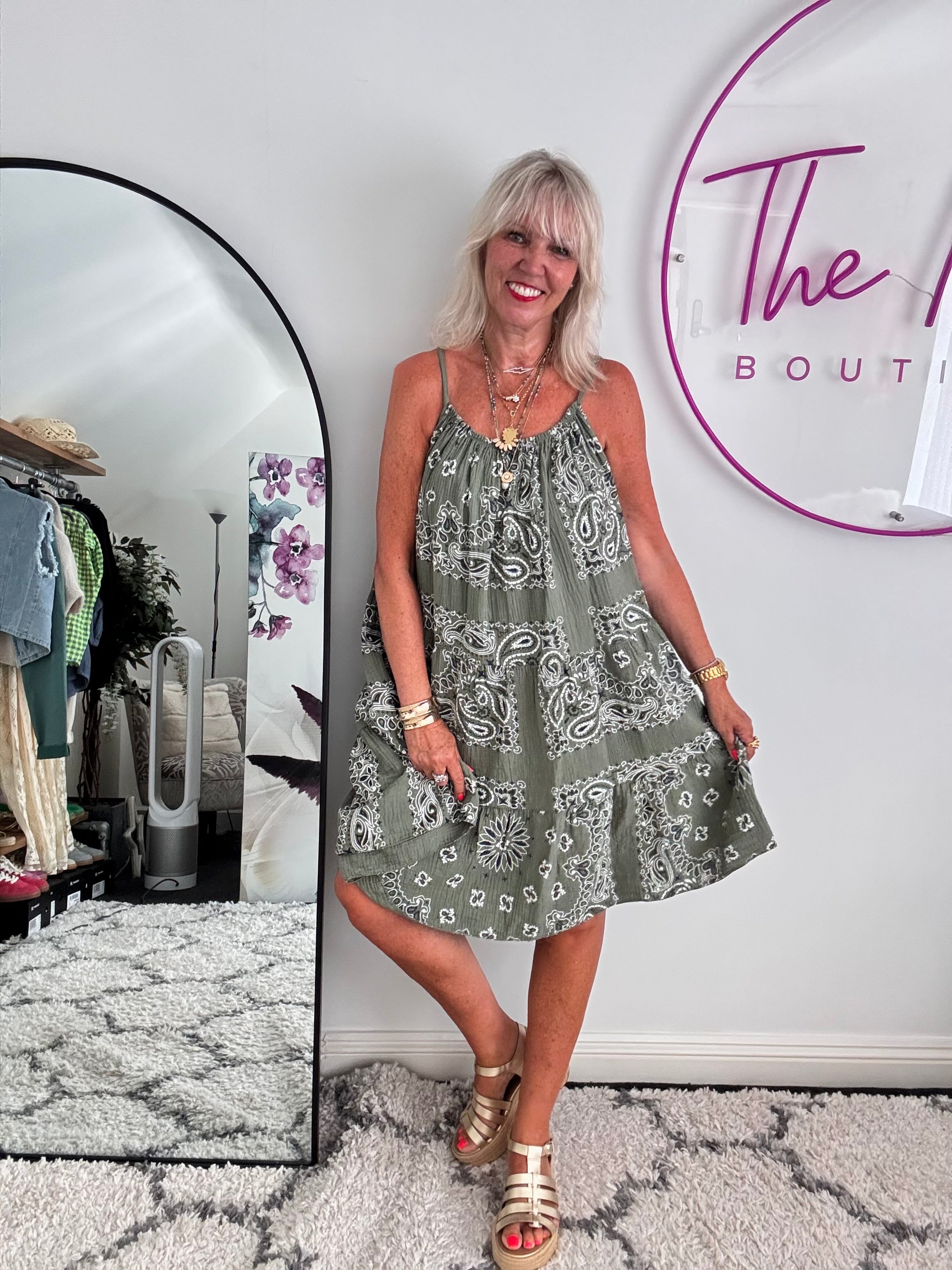 Paisley Cheesecloth Dress in Khaki