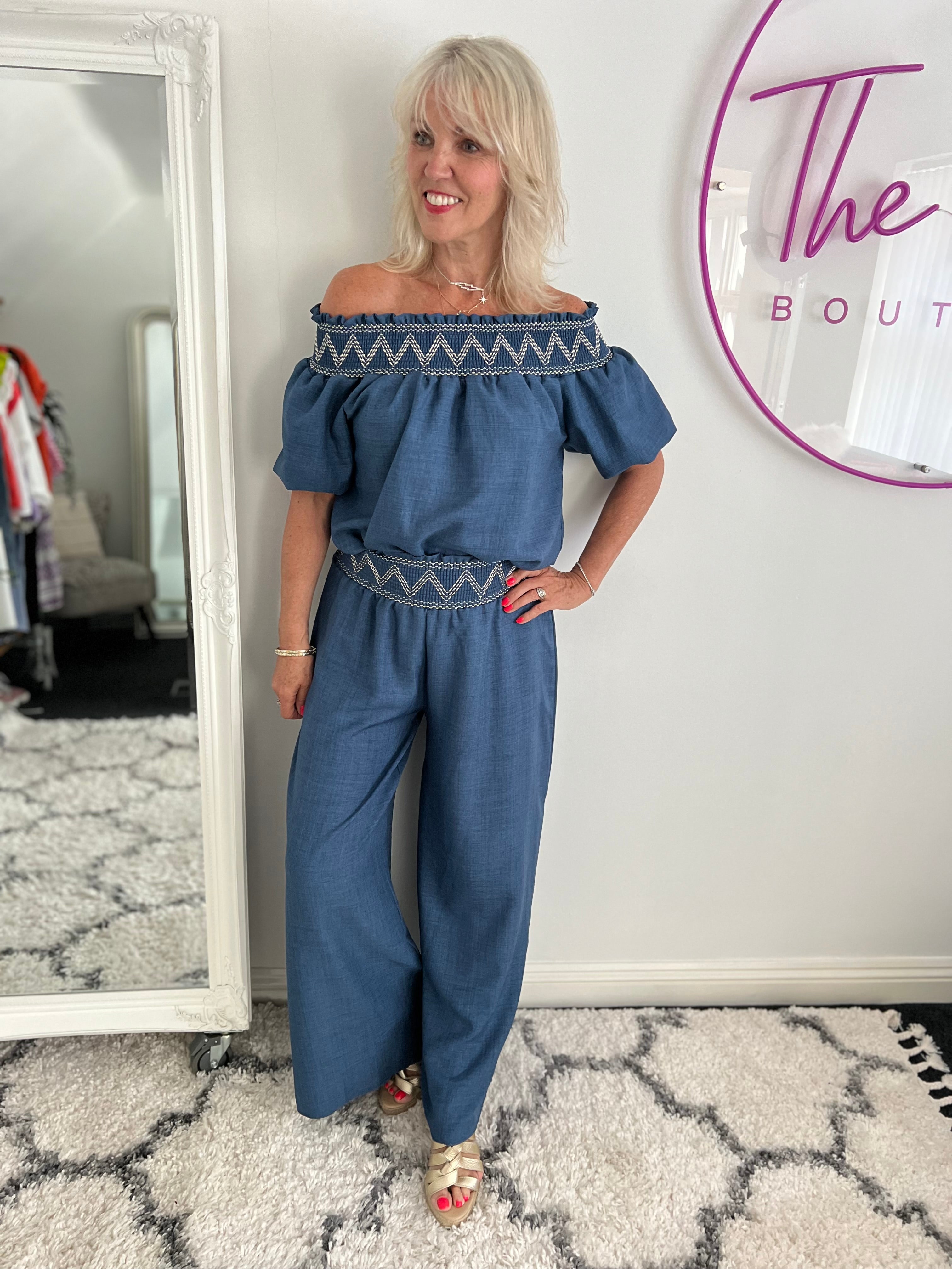Wide Leg Trousers with Embroidered Waist in Blue
