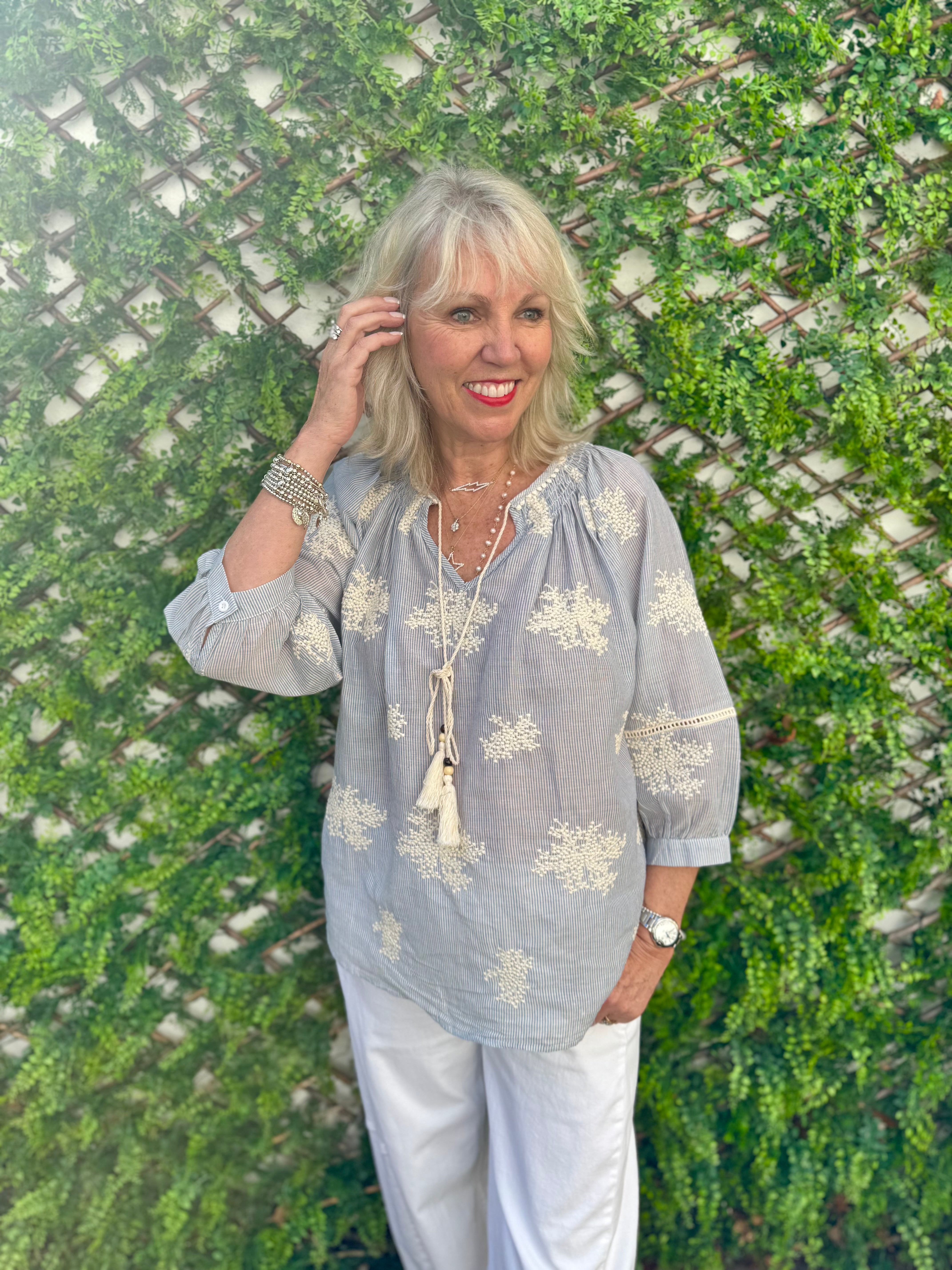 Embroidered Blouse in Blue & White