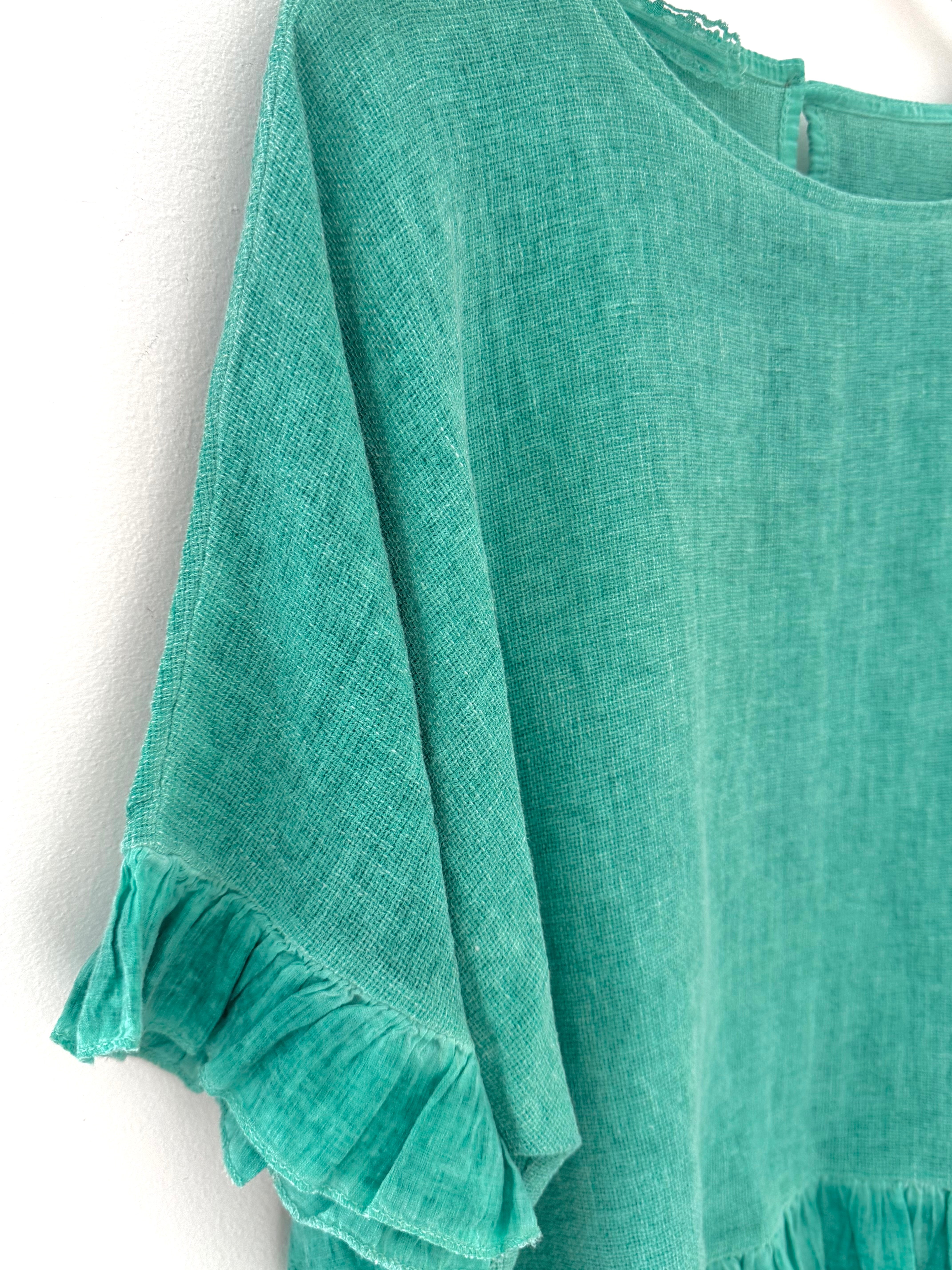 Linen & Cotton Ruffle Edge Top in Ocean Green
