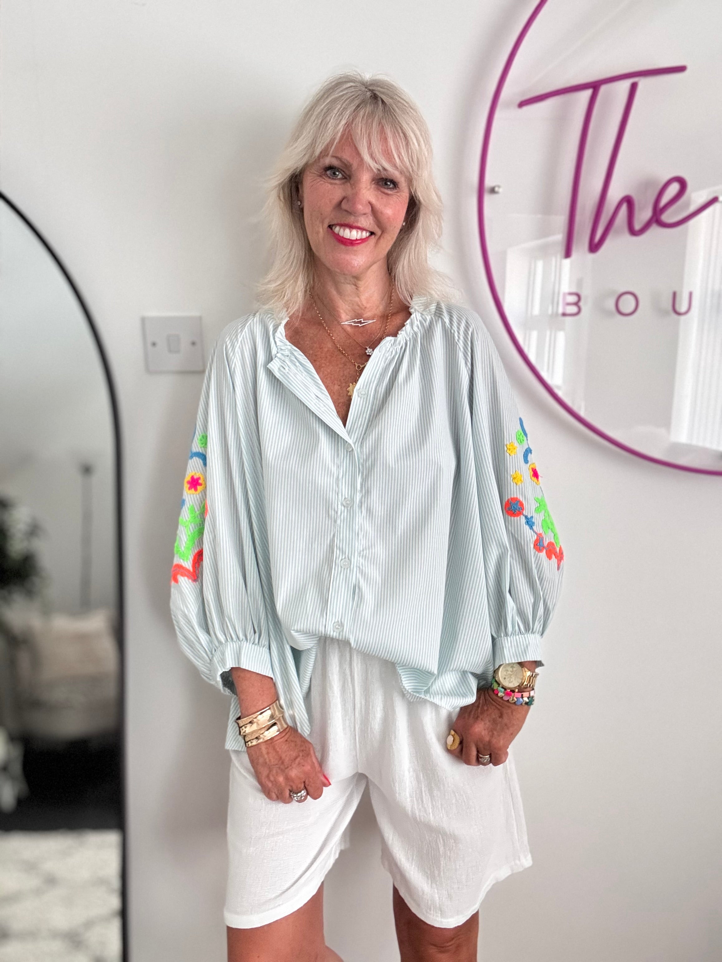 Designer Stripe Shirt with Neon Embroidered Sleeves in Seafoam Green