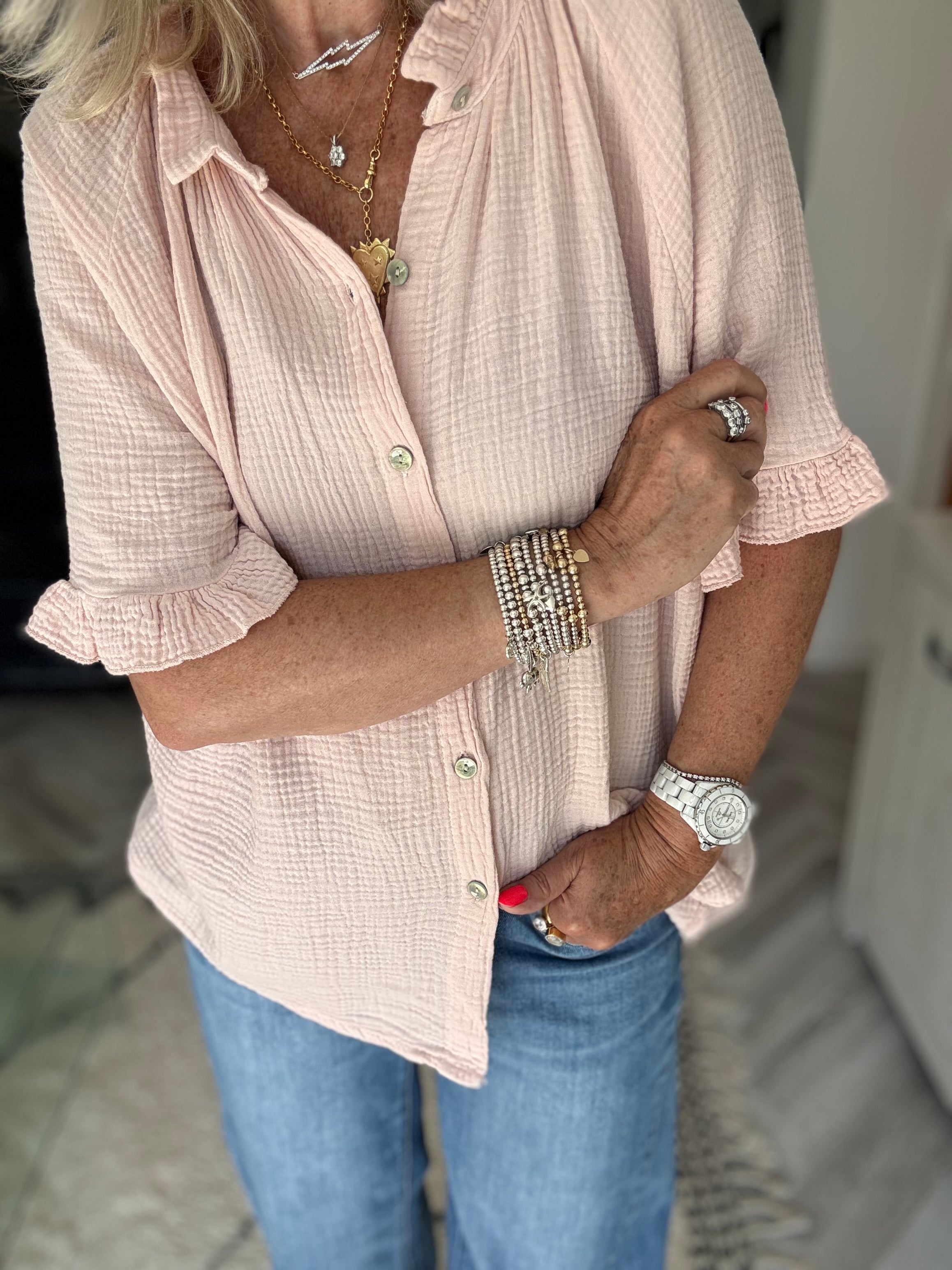Short Sleeve Cheesecloth Shirt in Shell Pink