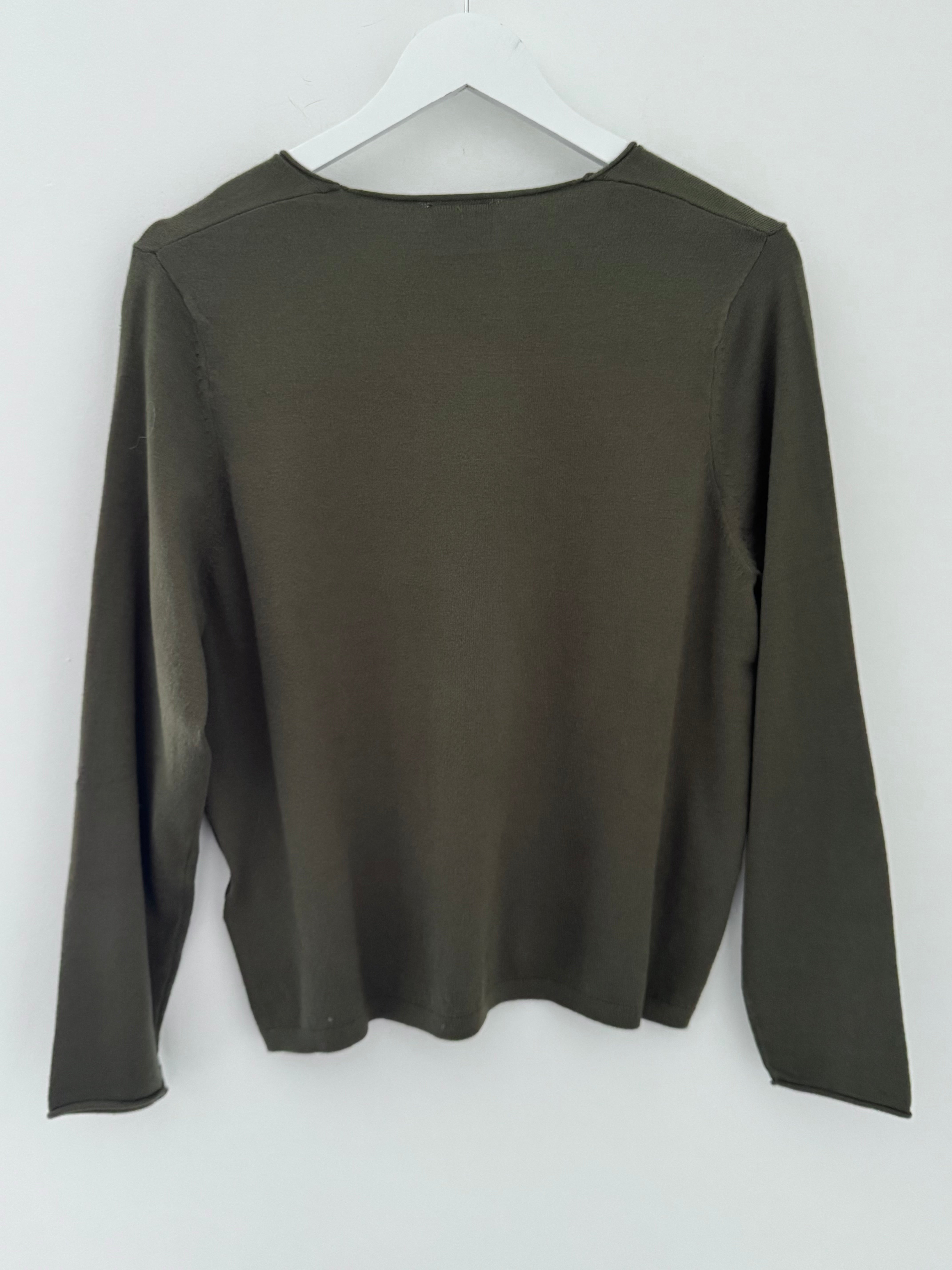 Fine Knit V Neck Jumper in Khaki