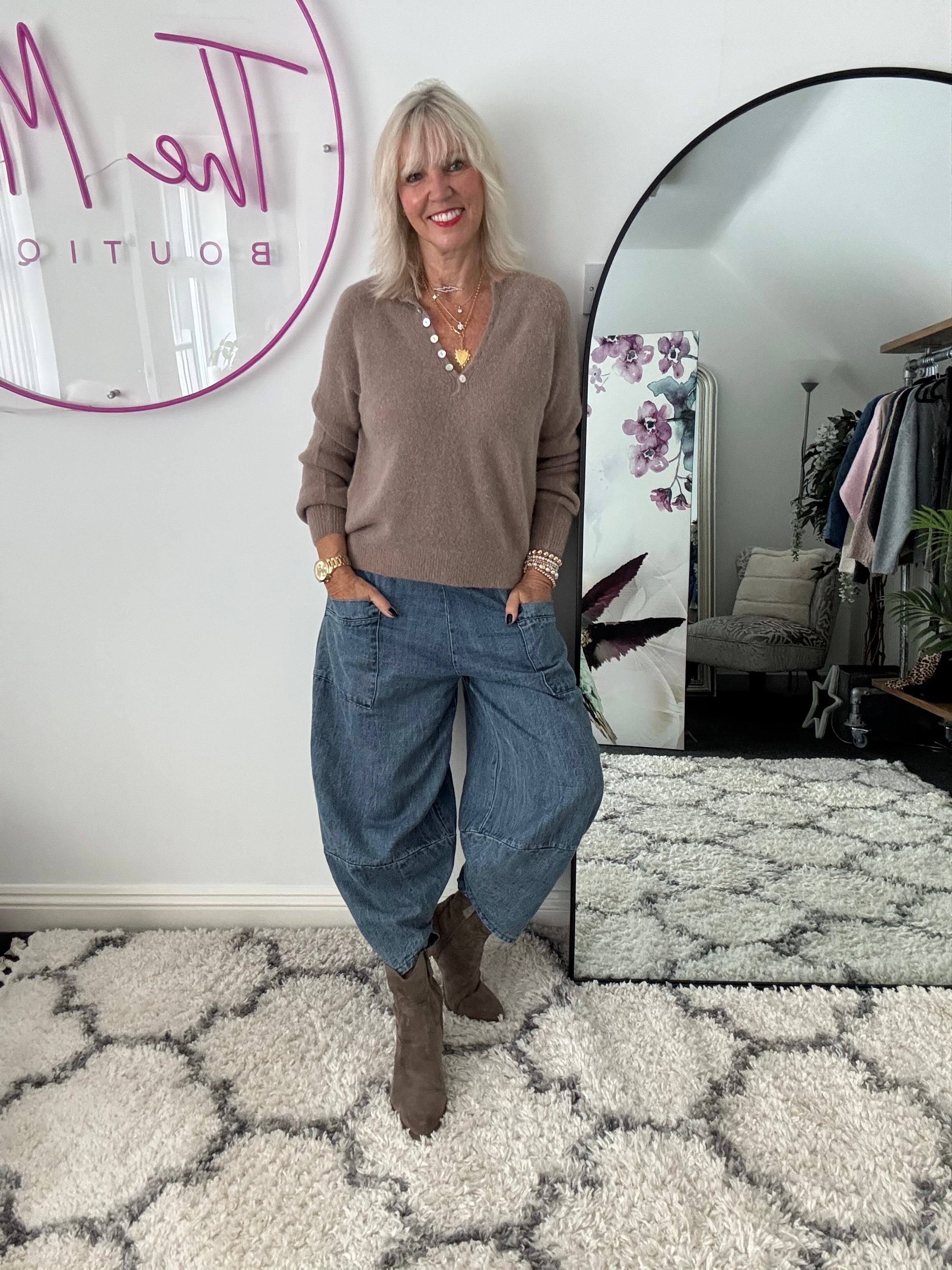 Softie Jumper with Button Neck in Soft Mocha