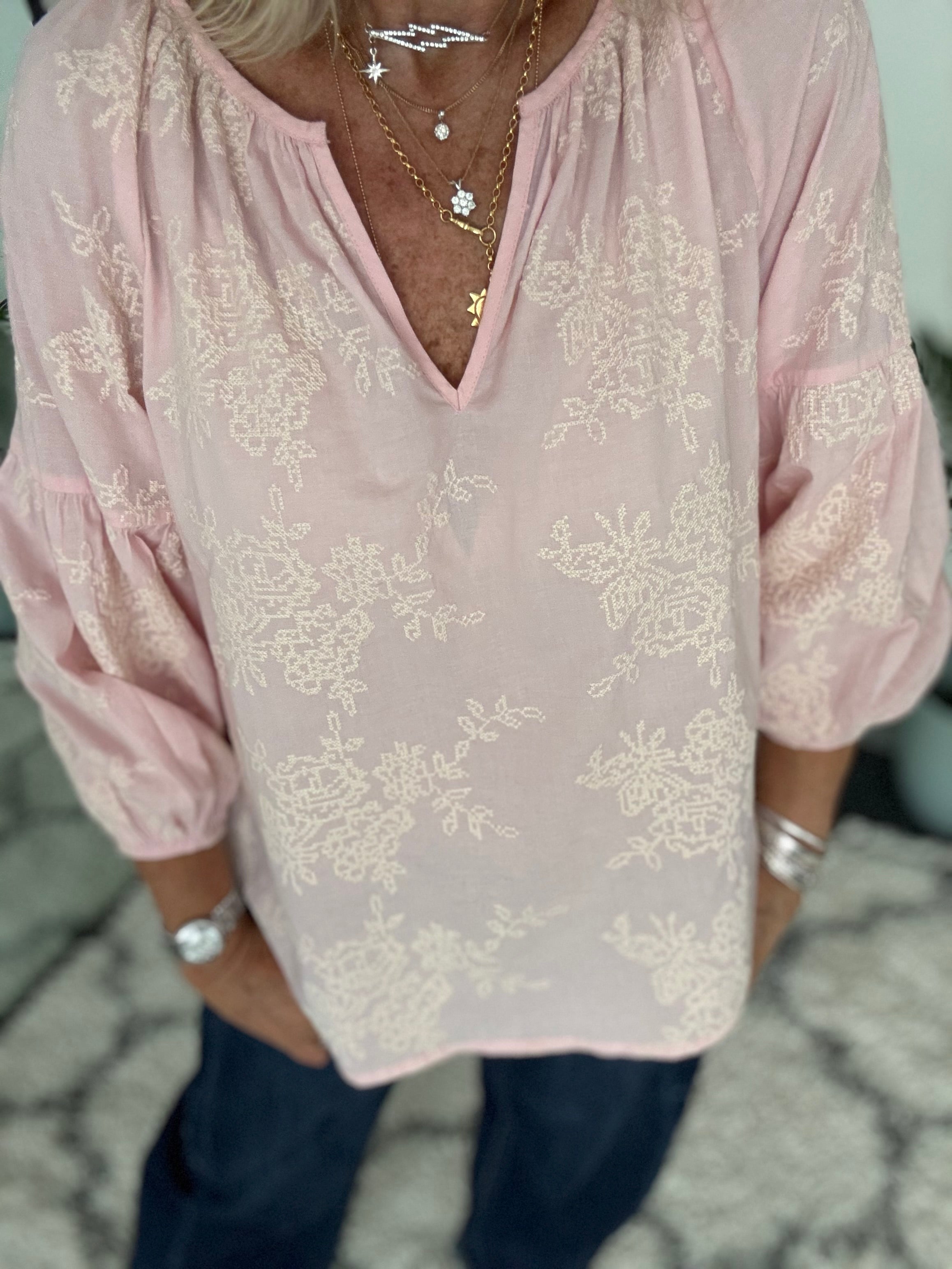 Luxe Embroidered Blouse in Pink