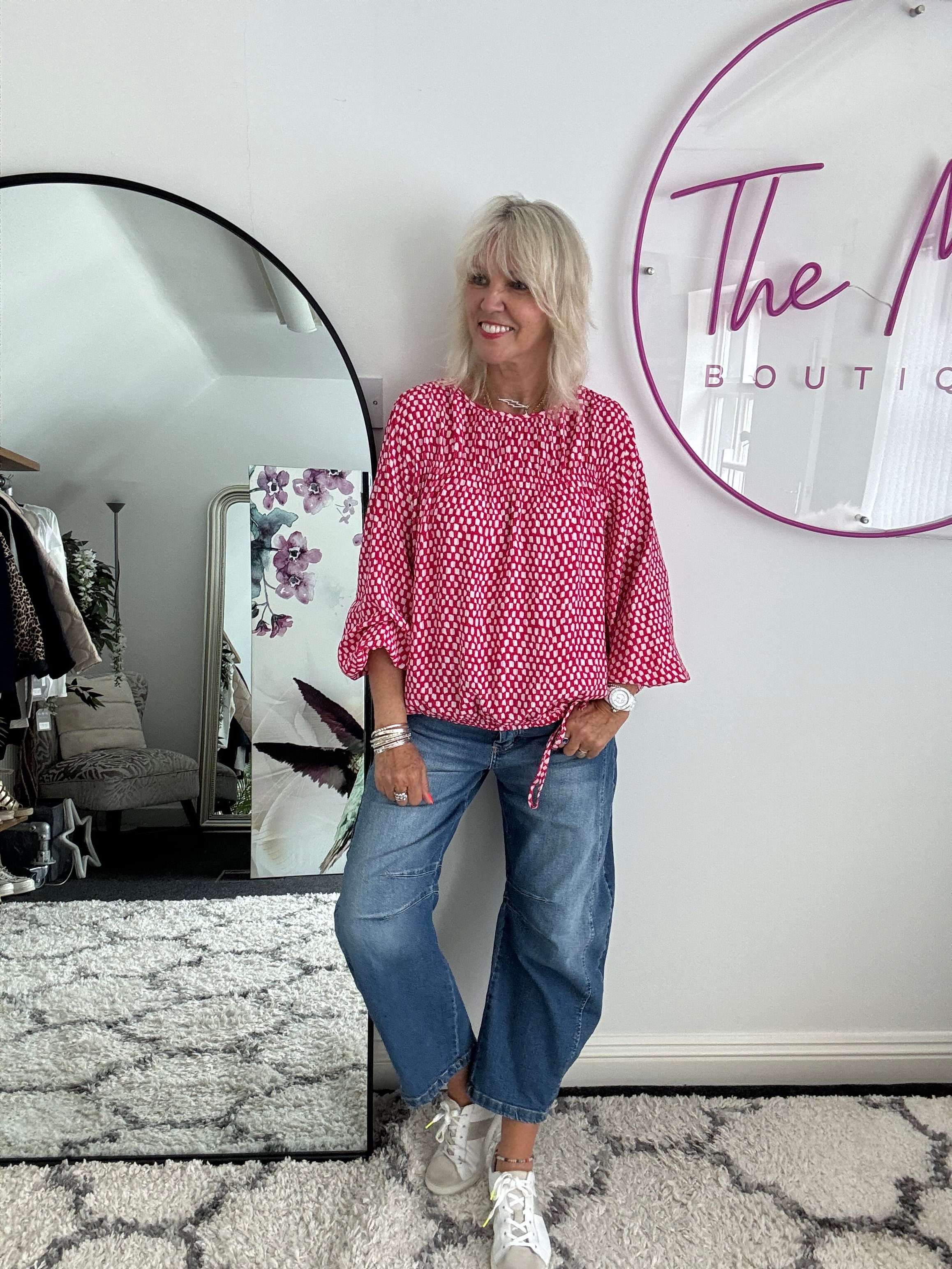 Checker Blouse in Raspberry & White