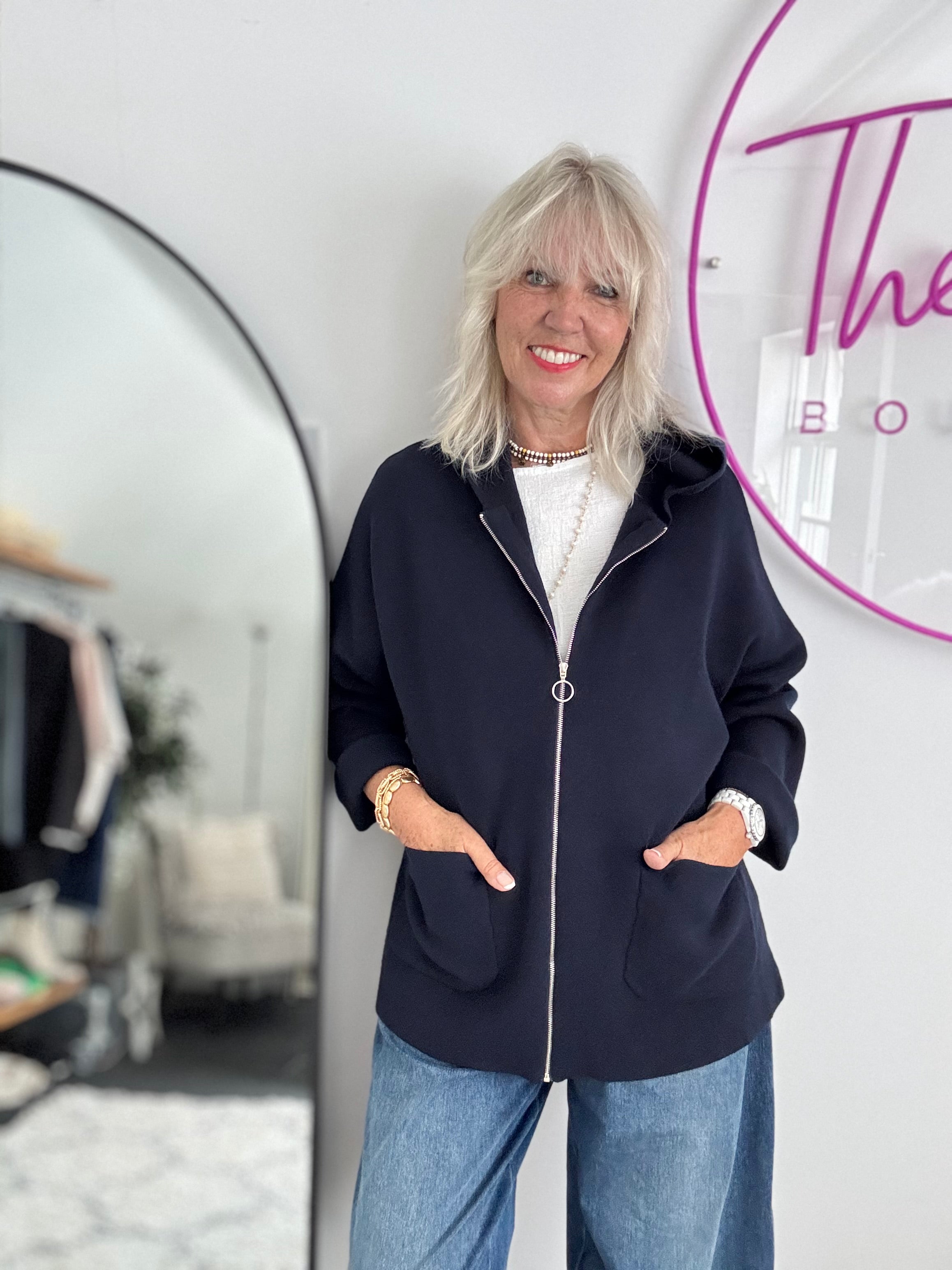 Hooded Zipped Coatigan in Navy
