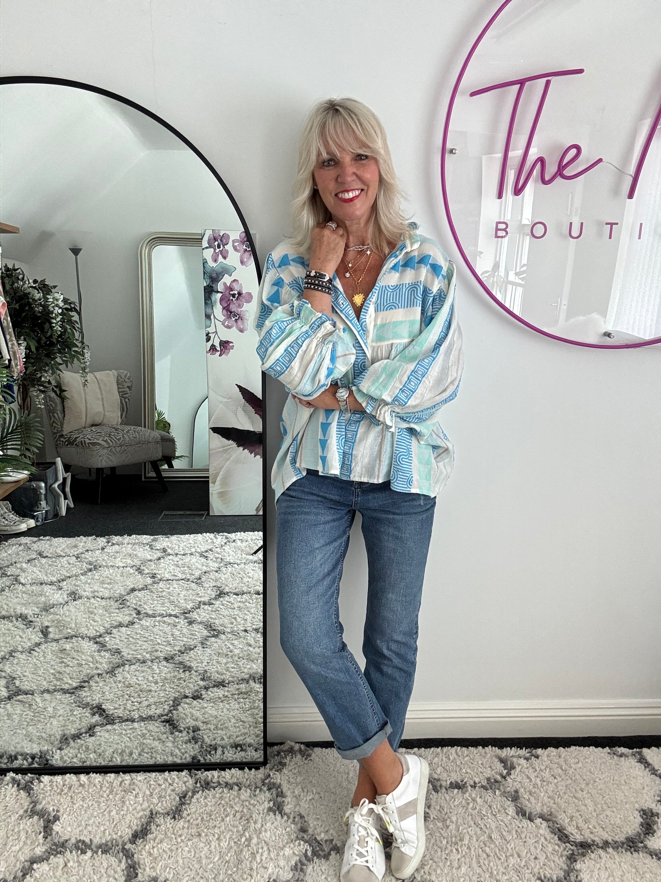 Embroidered Shirt in Blue & Mint
