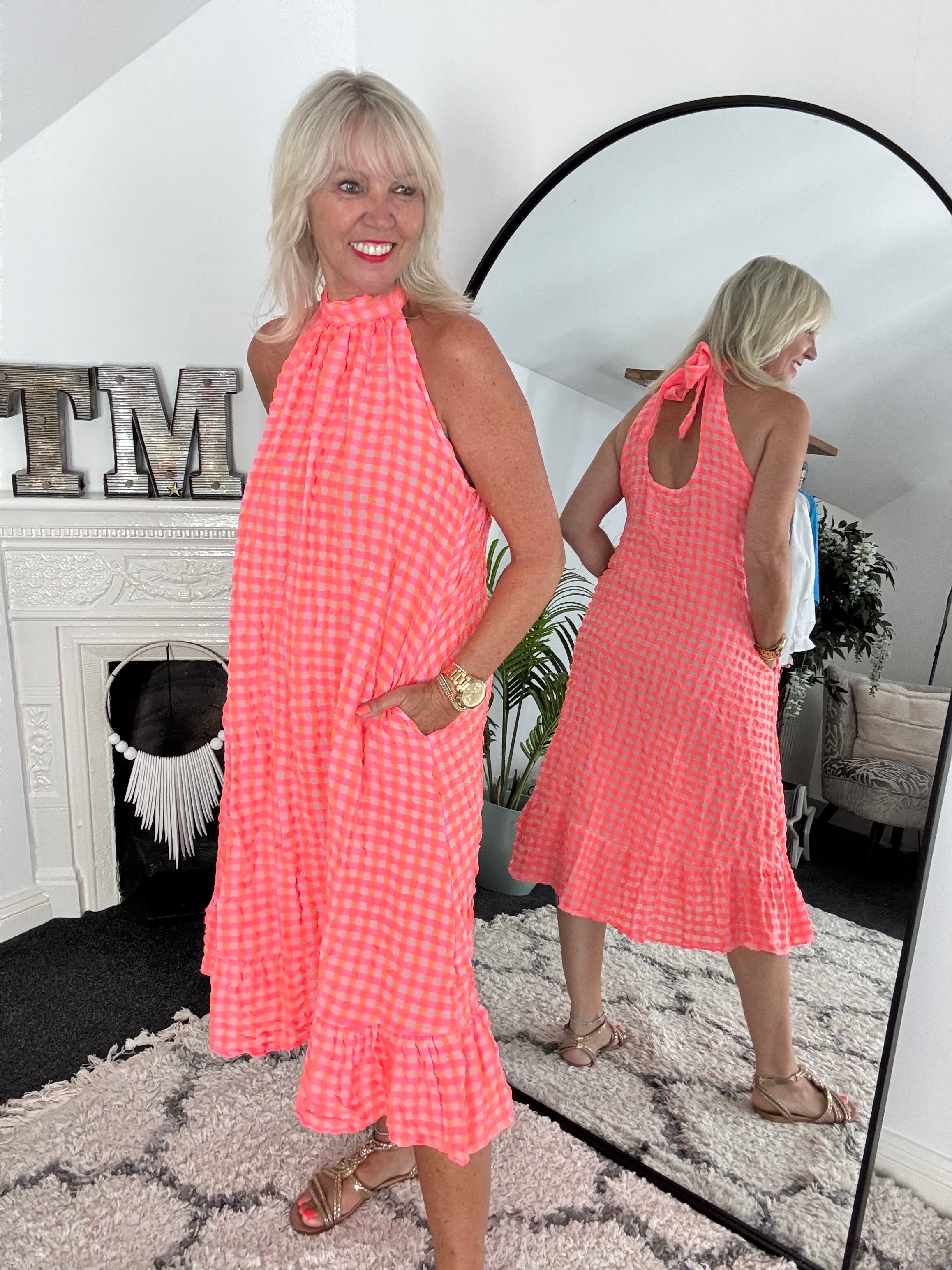 Halterneck Check Dress in Neon Pink & Orange