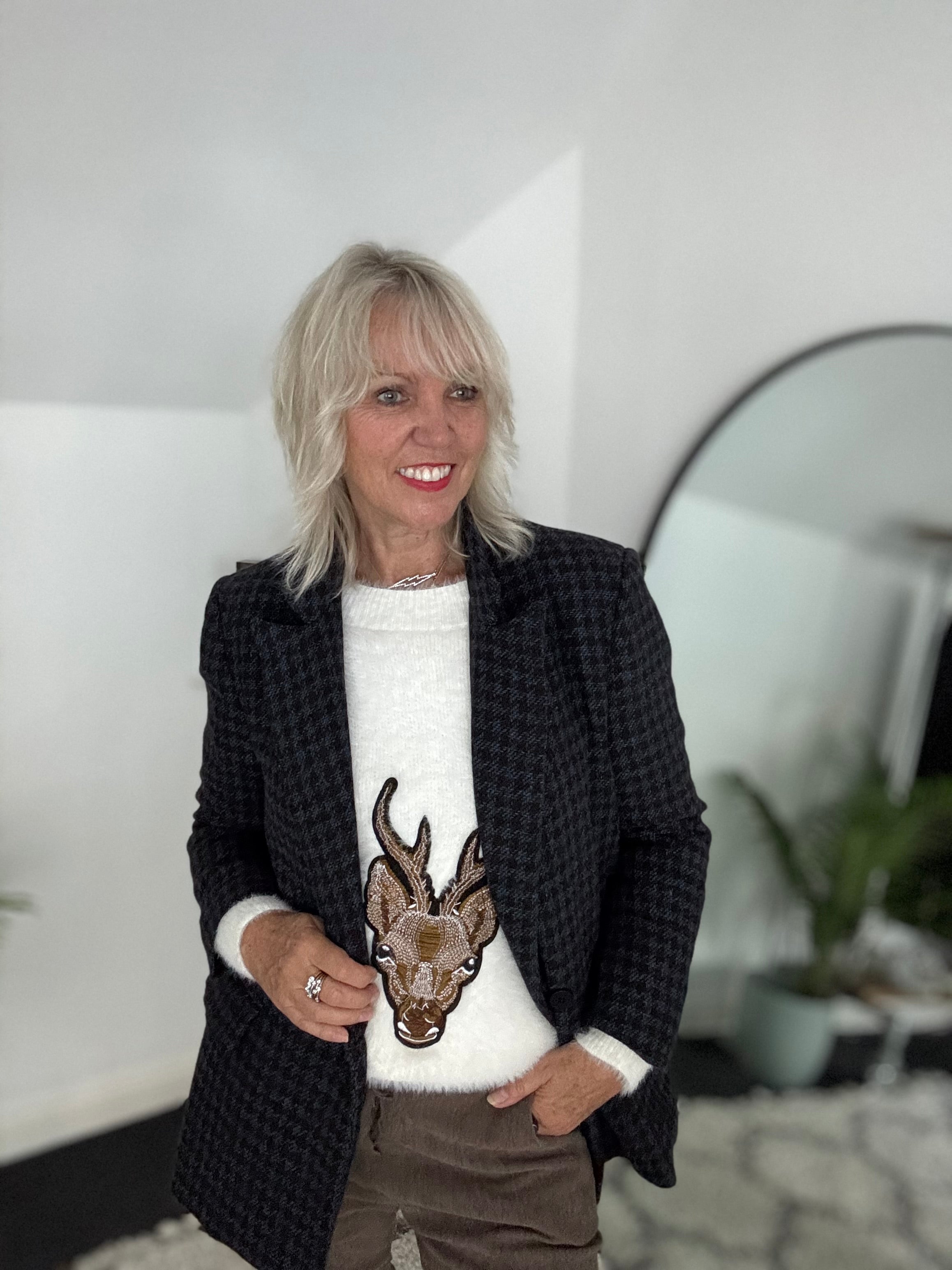 Oh Deer Fluffy Jumper in Winter White