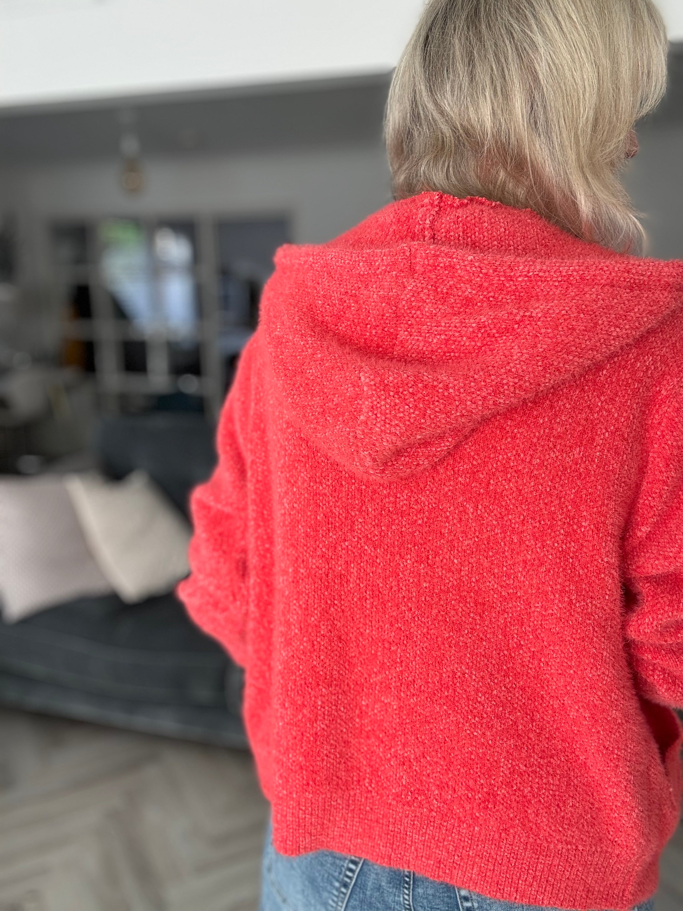 Soft Hooded Knit with Pockets in Coral