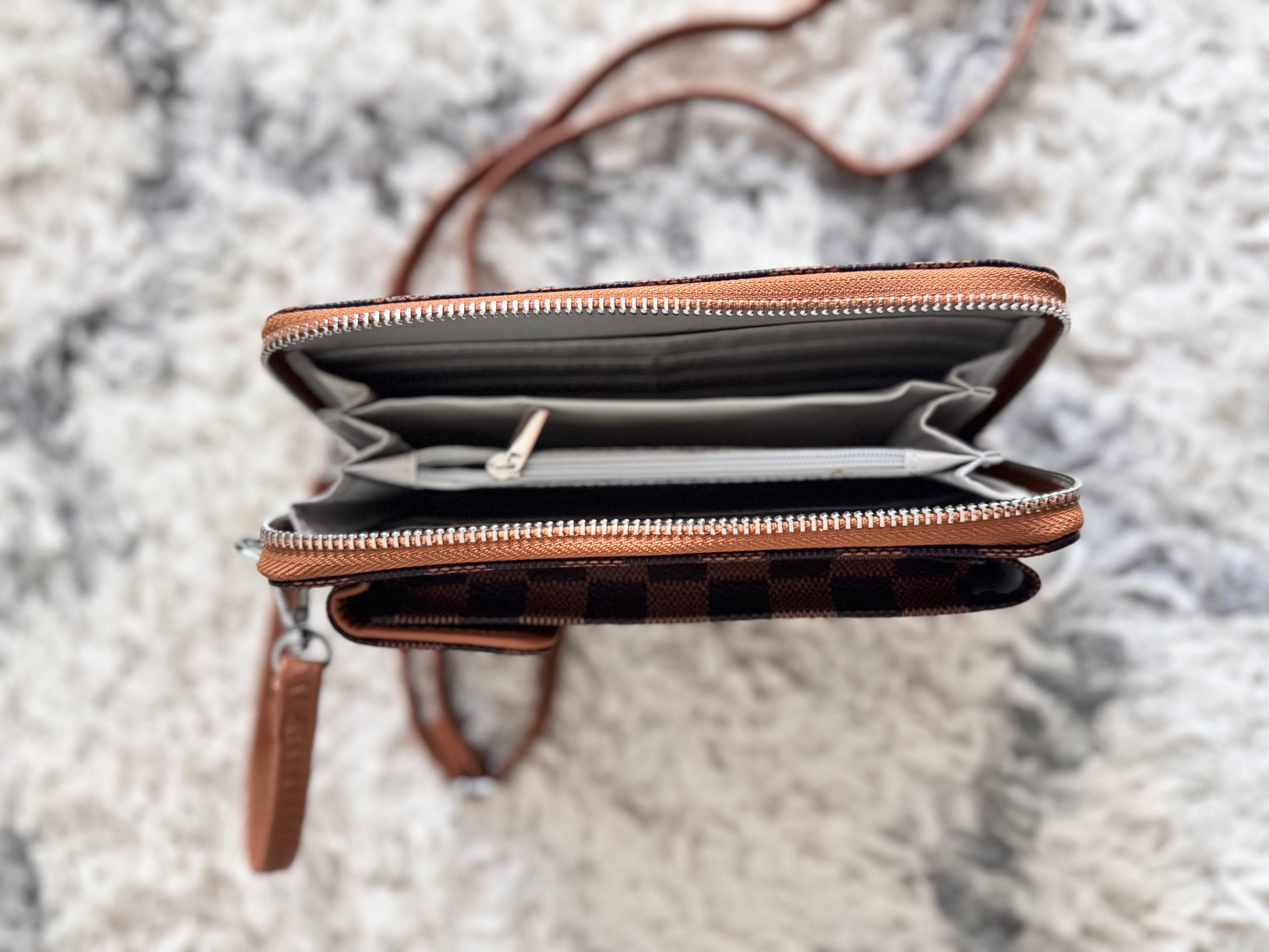 Check Phone Bag/Wallet in Chocolate & Tan