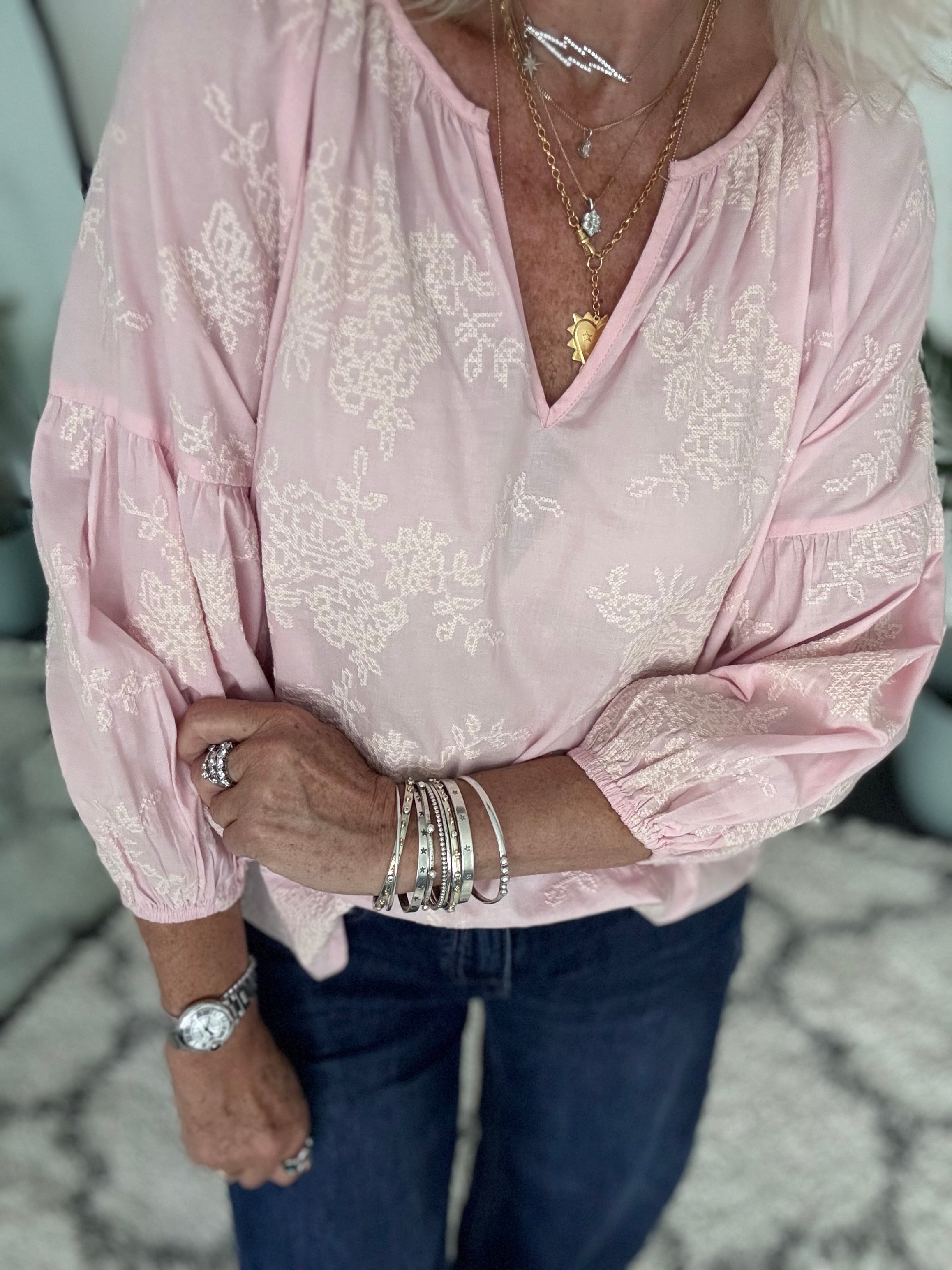 Luxe Embroidered Blouse in Pink