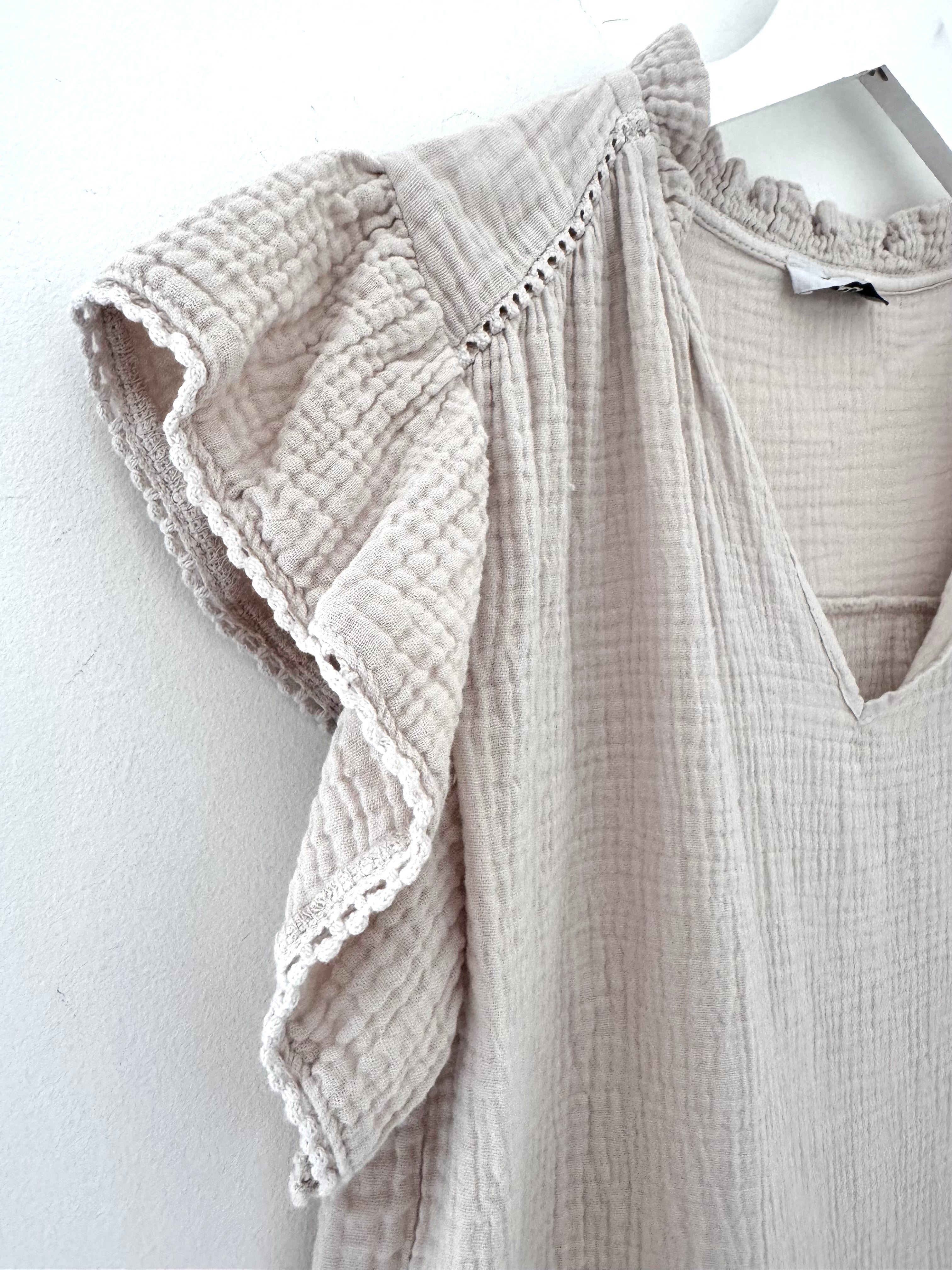 Cheesecloth Top with Ruffle Sleeves in Stone