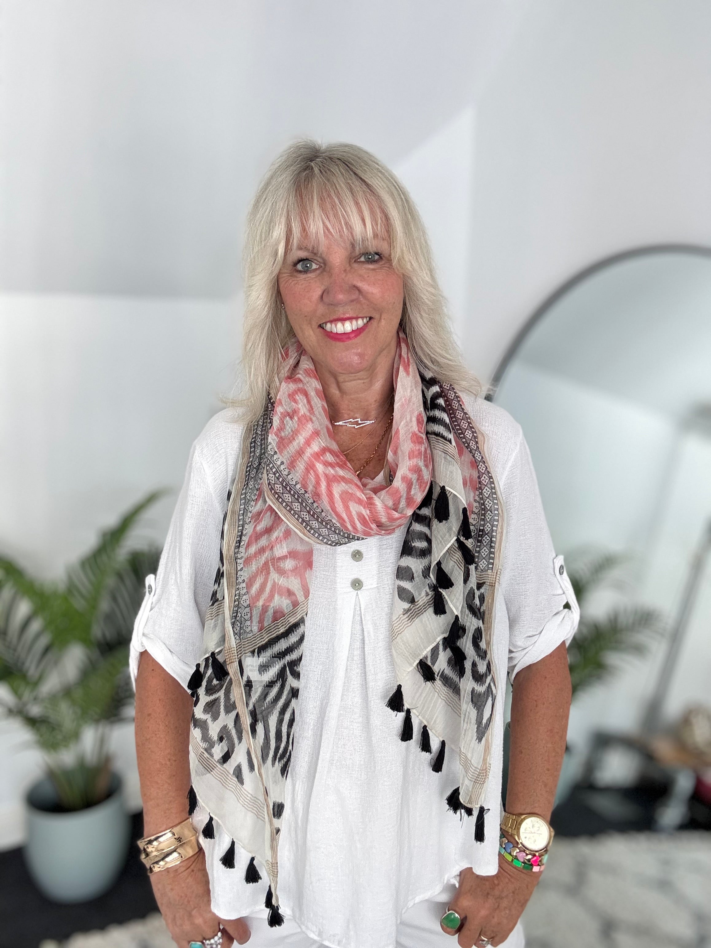 Aztec Scarf in Pink & Black with Tassels