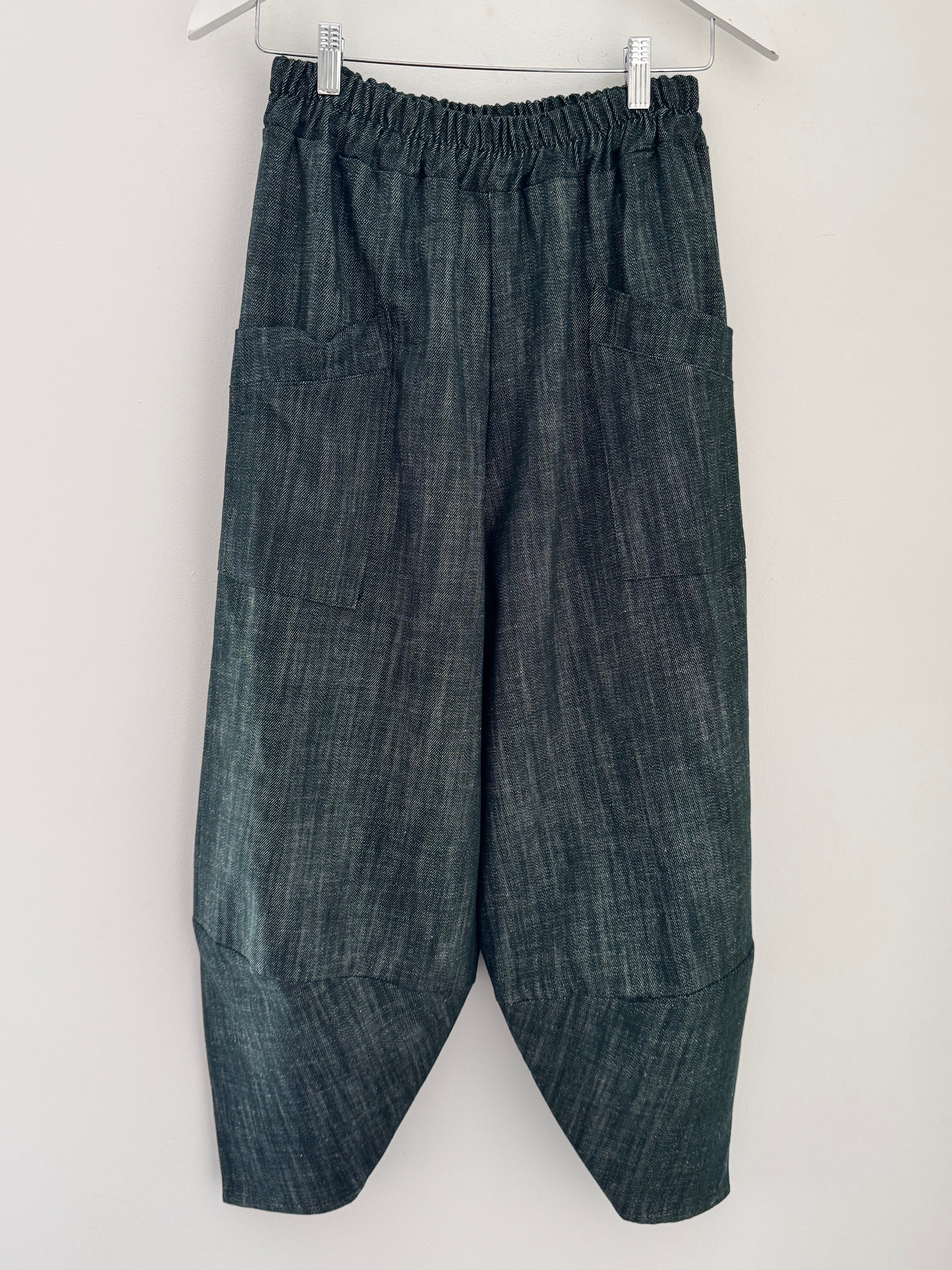 Premium Barrel Leg Trousers in Green Denim