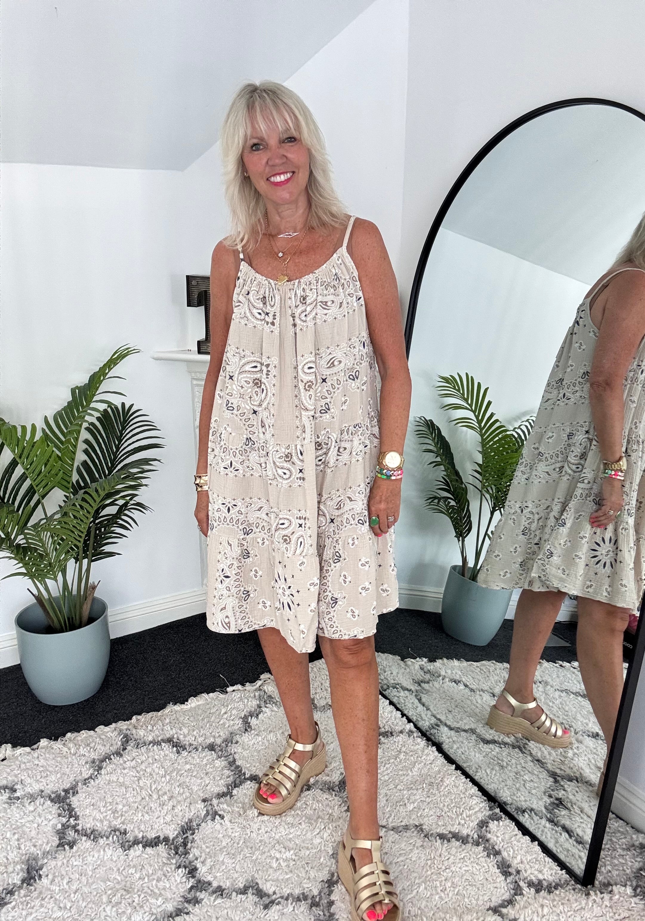 Paisley Cheesecloth Dress in Stone