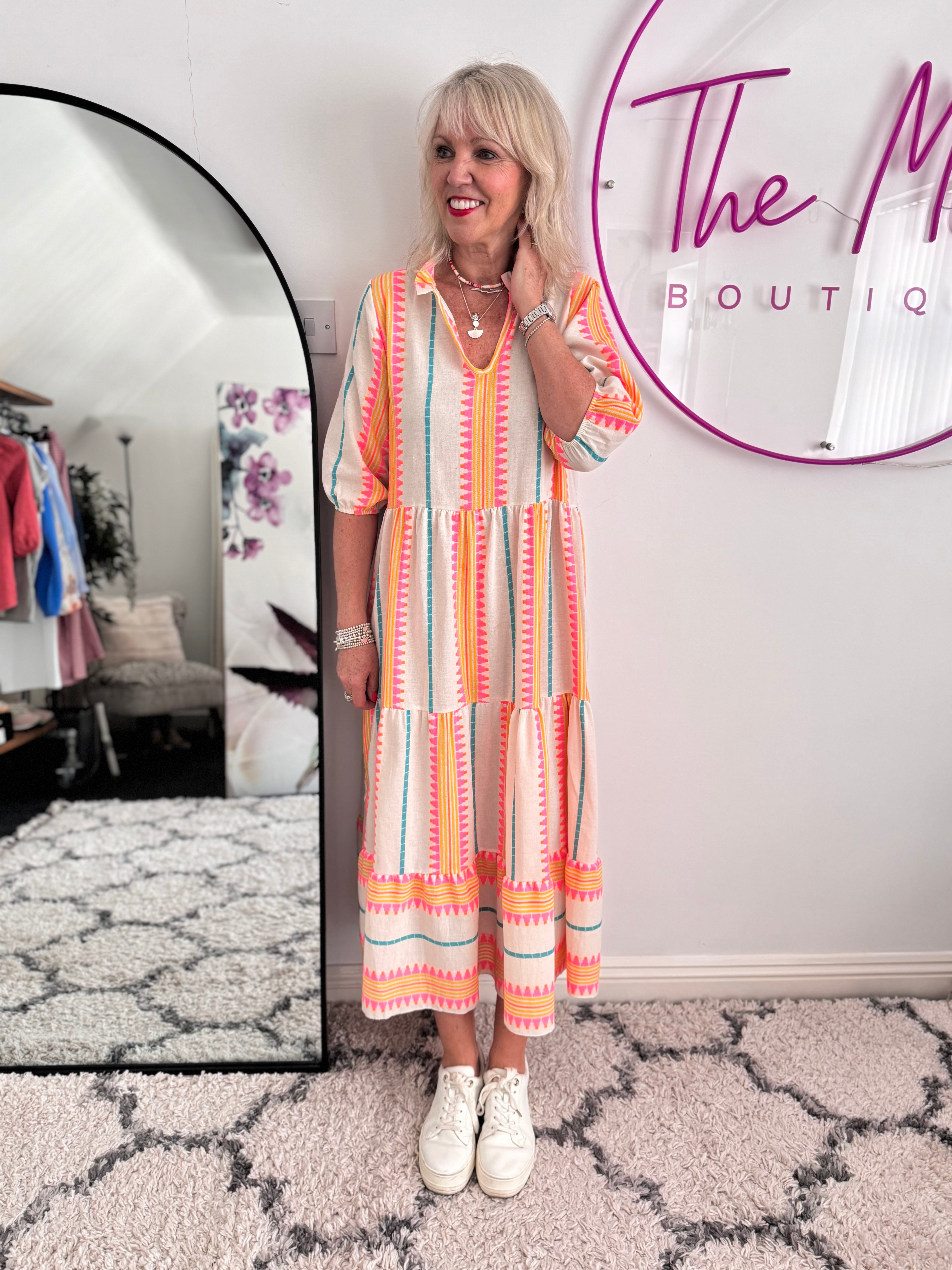 Embroidered Midi Dress in Pink & Neon