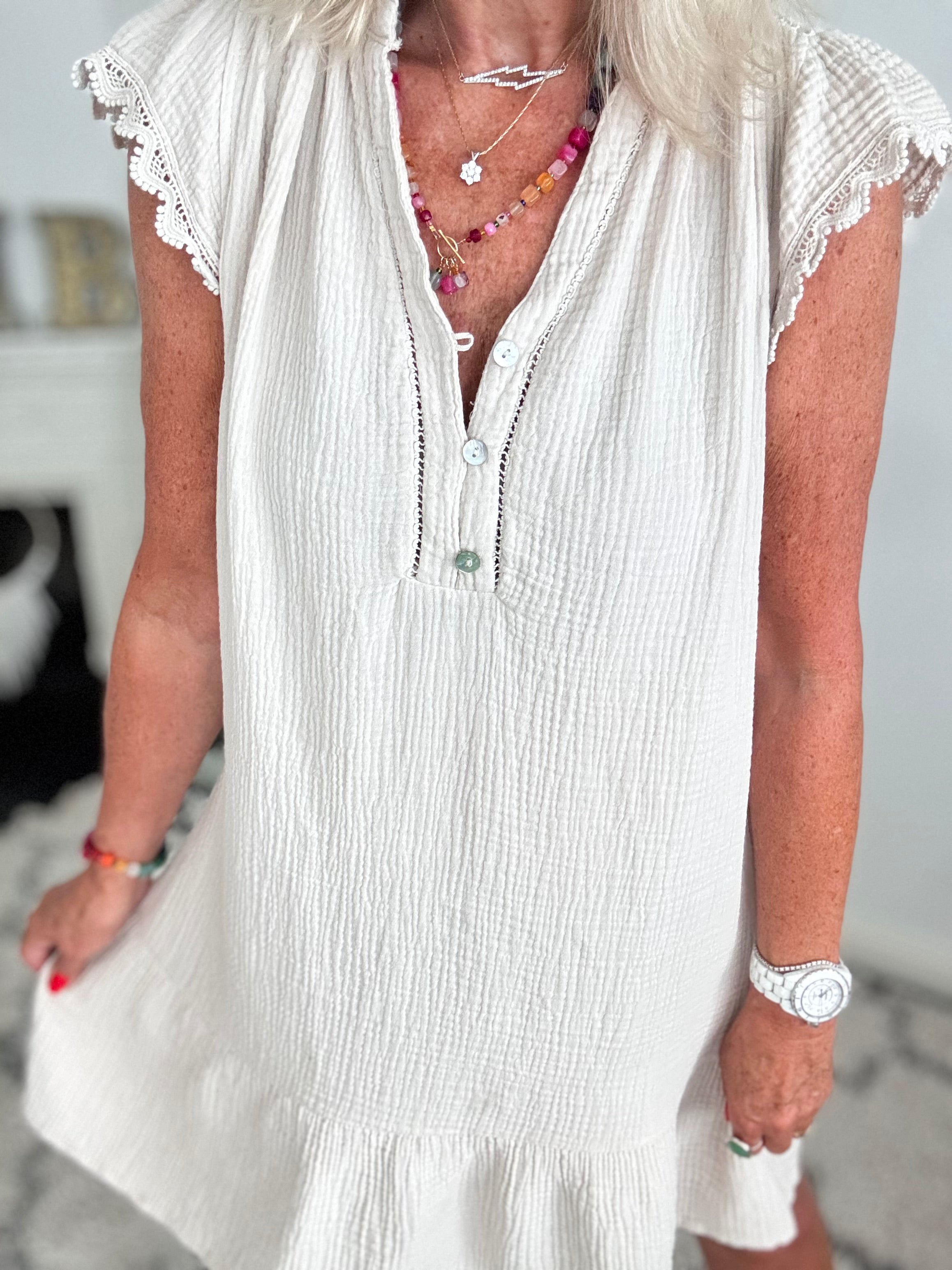 Cheesecloth Dress with Lace Edge Sleeves in Stone