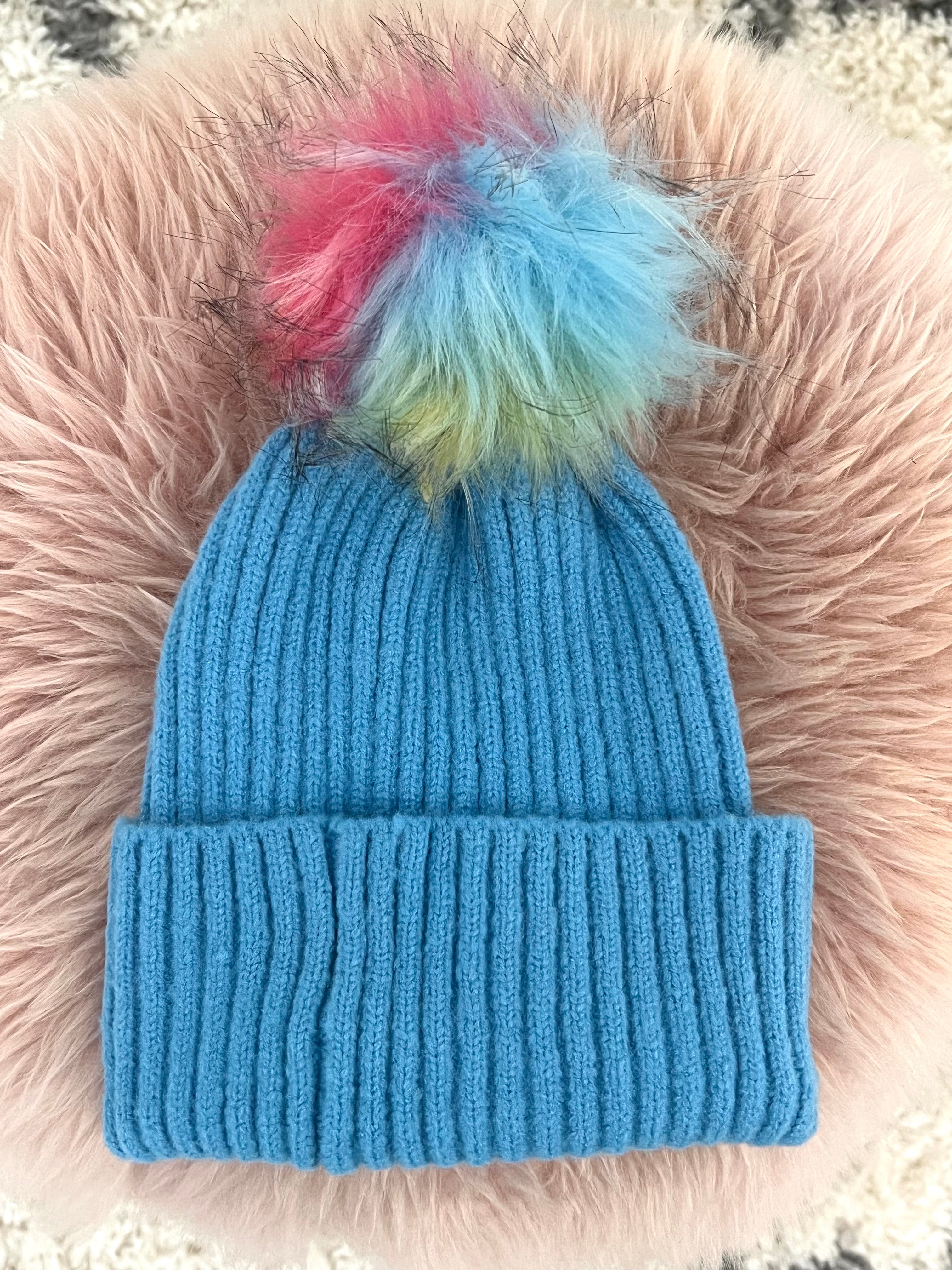 Multi-Coloured Bobble Hat in Sky Blue