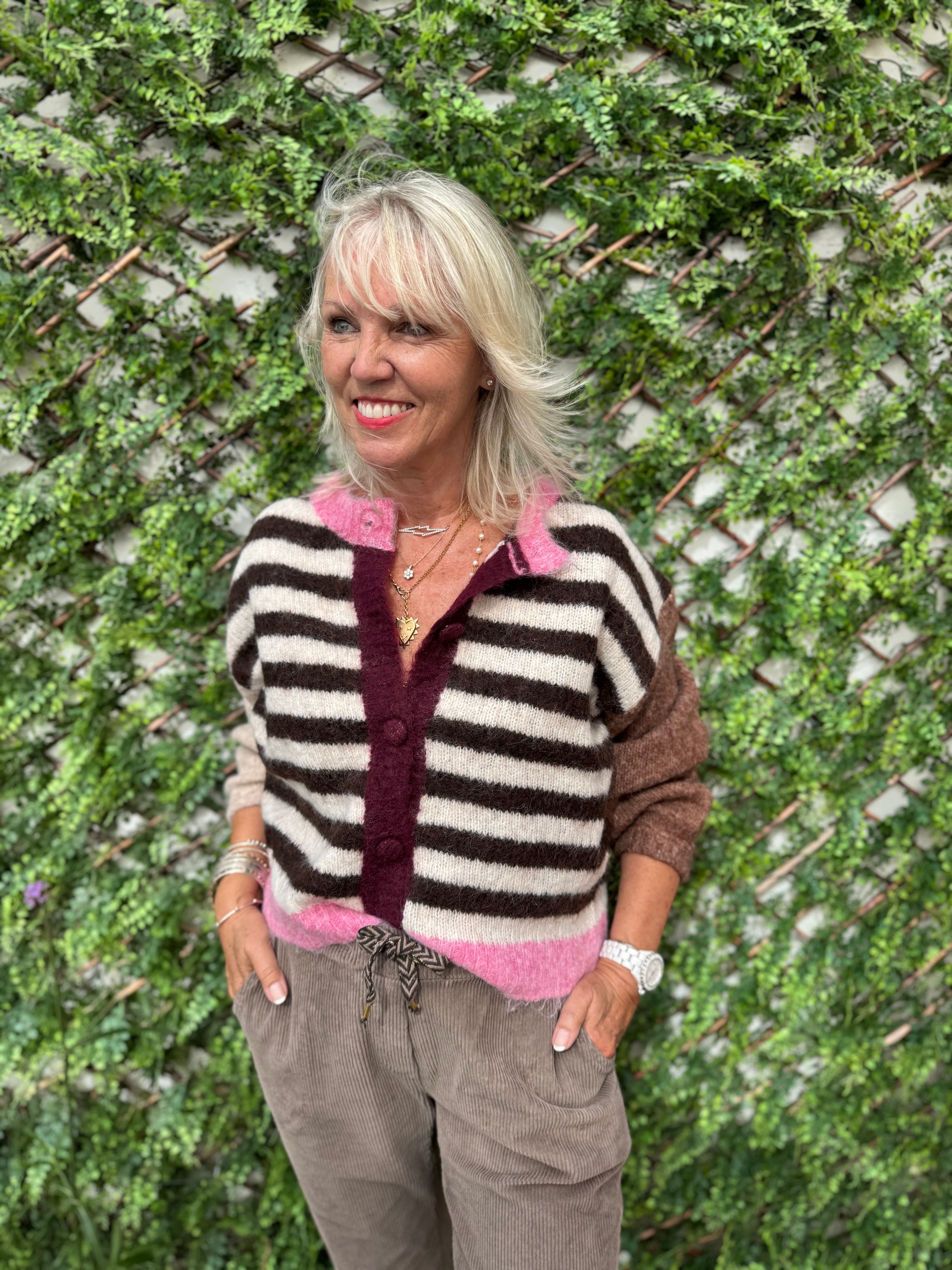 Stripe Mohair Cardi in Pink & Cocoa