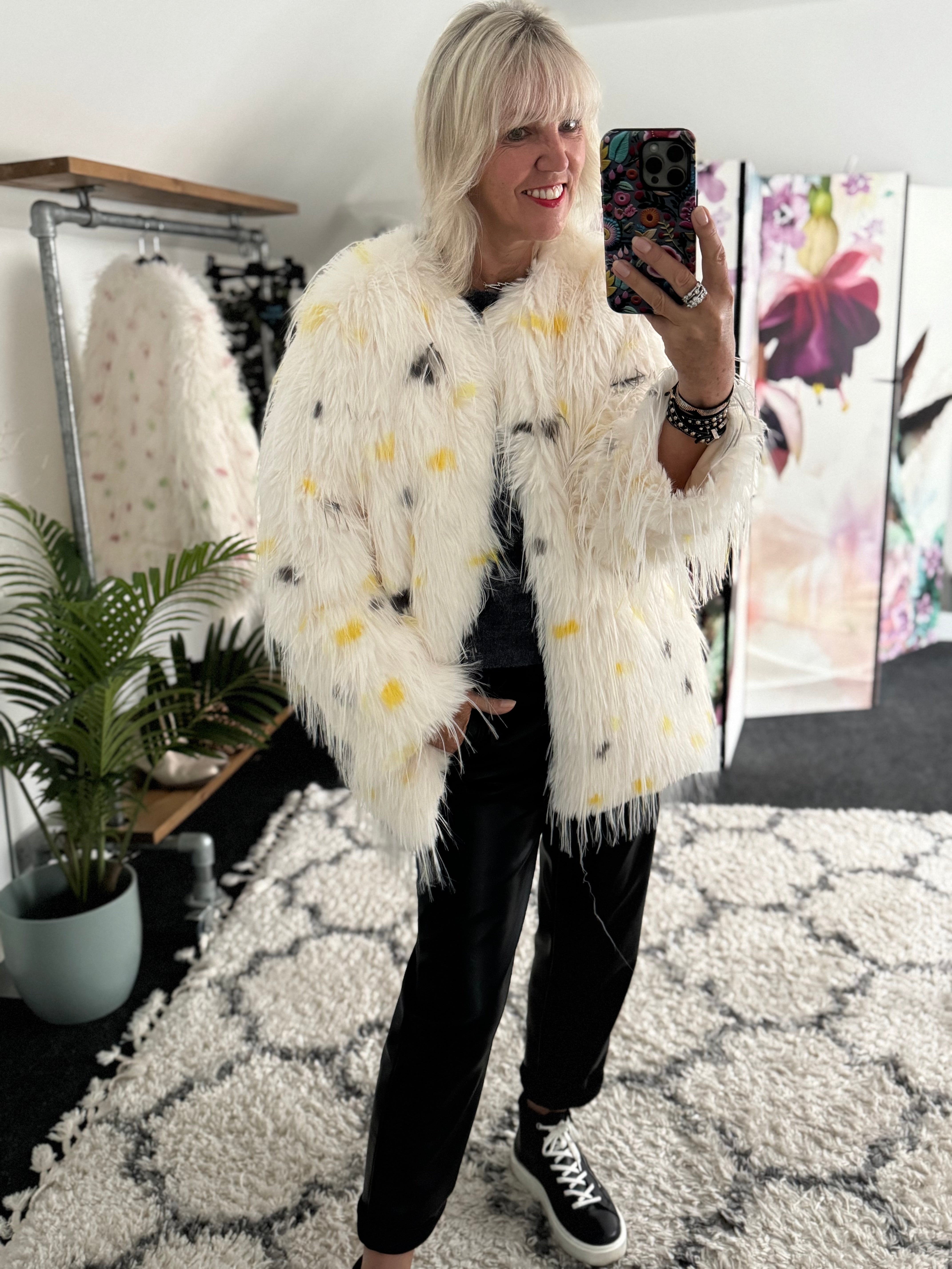 Faux Fur Spot Jacket in Yellow & Charcoal