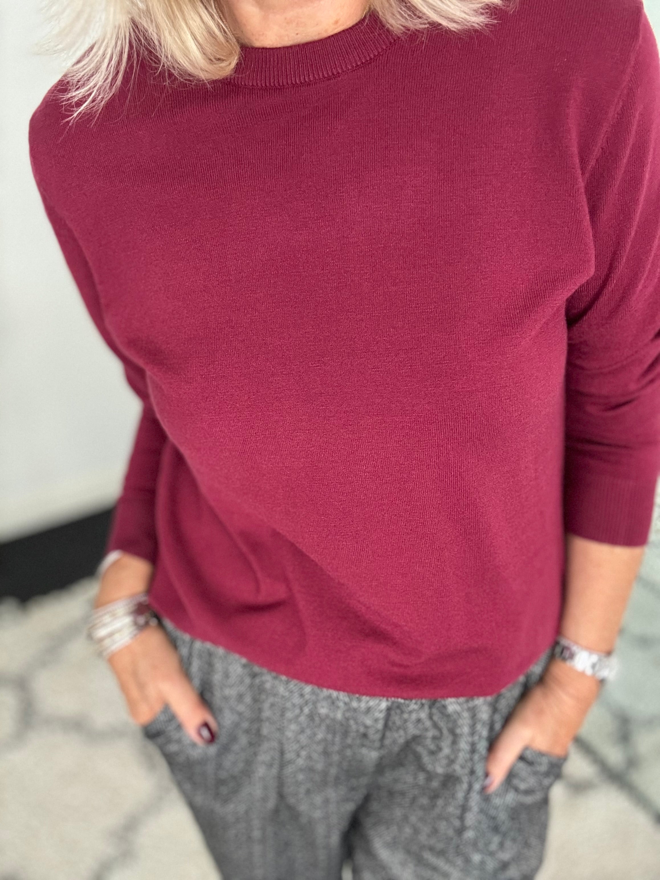 Fine Knit Round Neck Jumper in Berry
