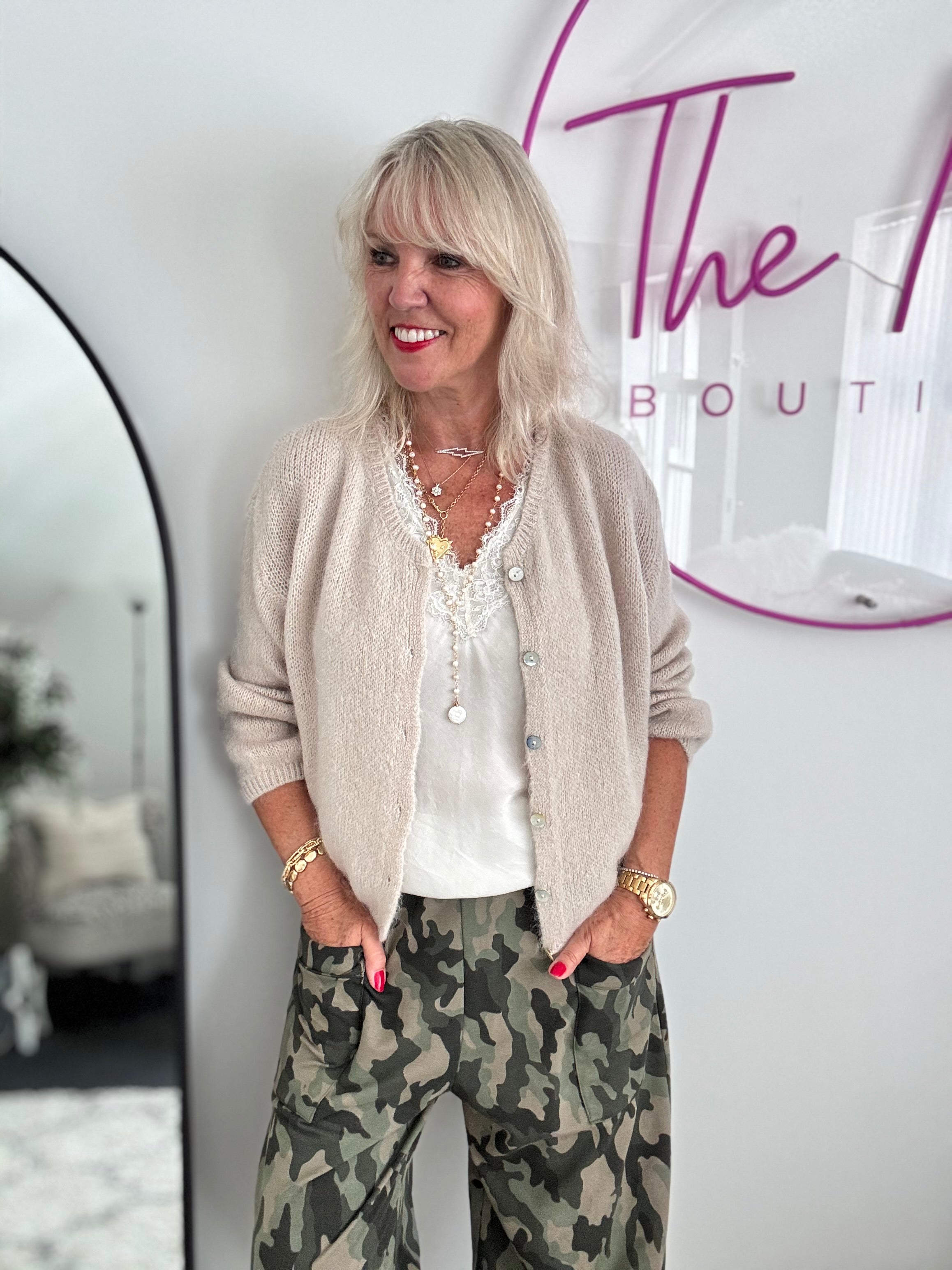 Mohair Buttoned Cardi in Stone
