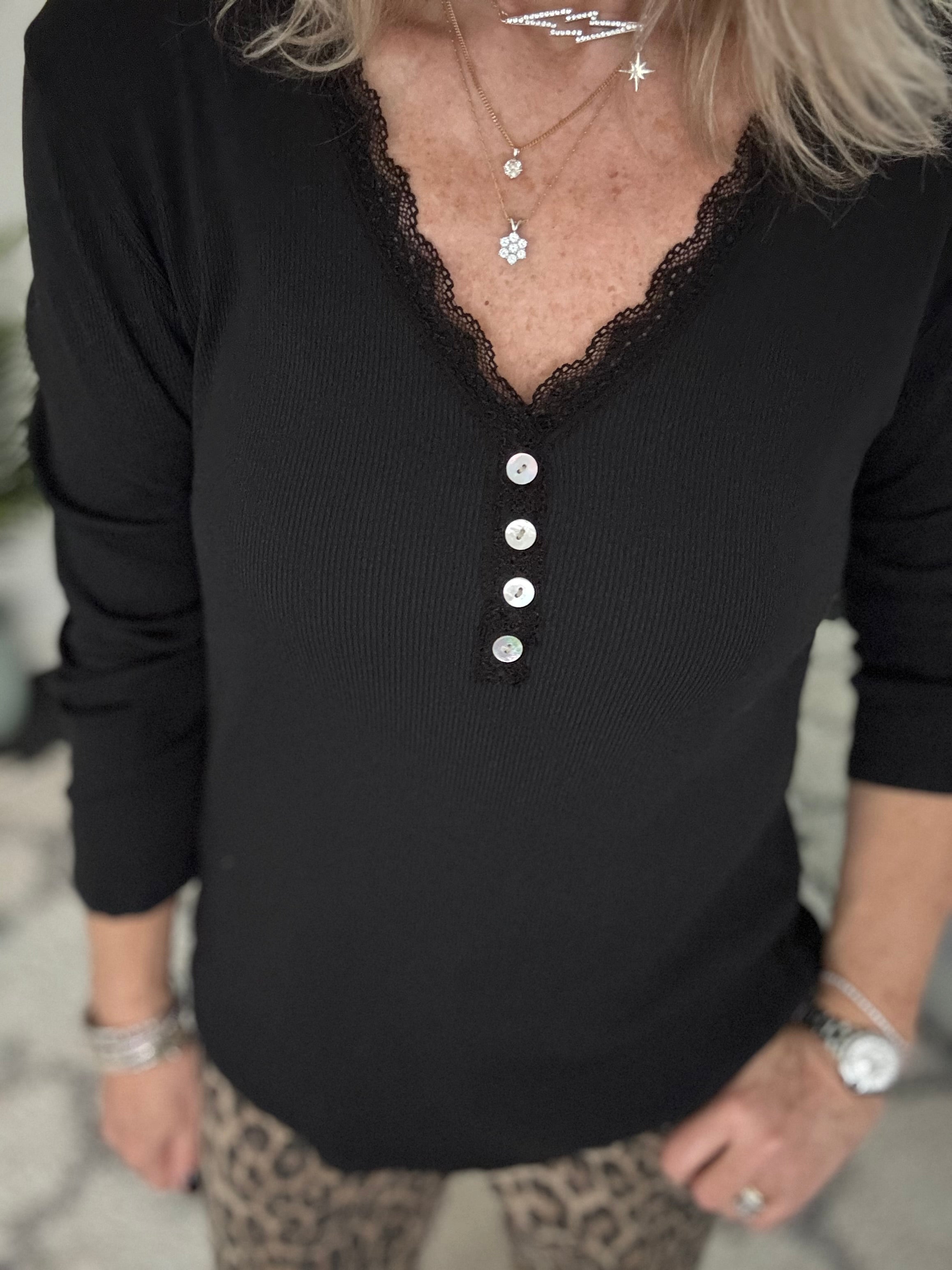 Ribbed Top with Lace Neck in Black