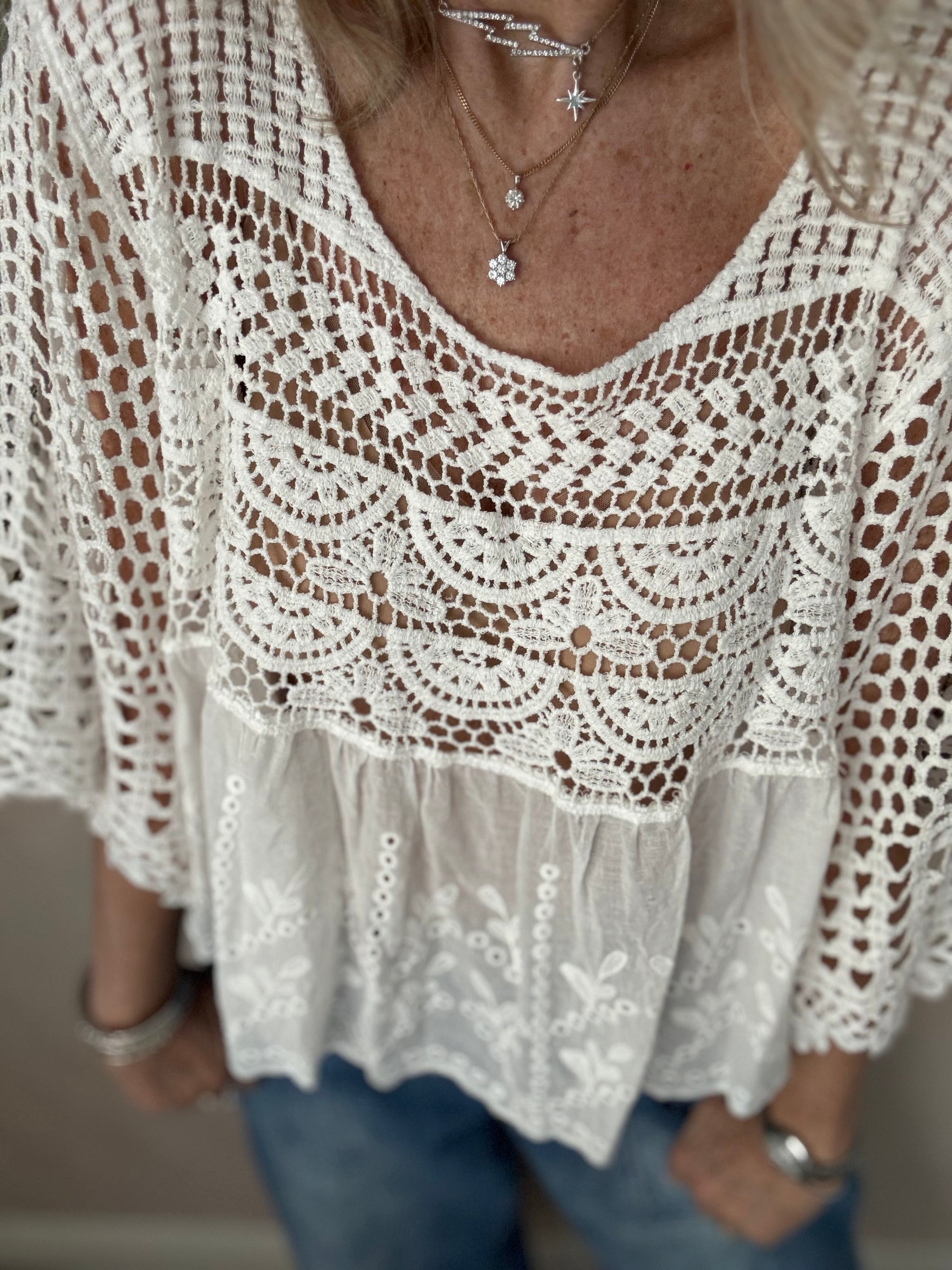 Crochet Scoop Neck Top in White