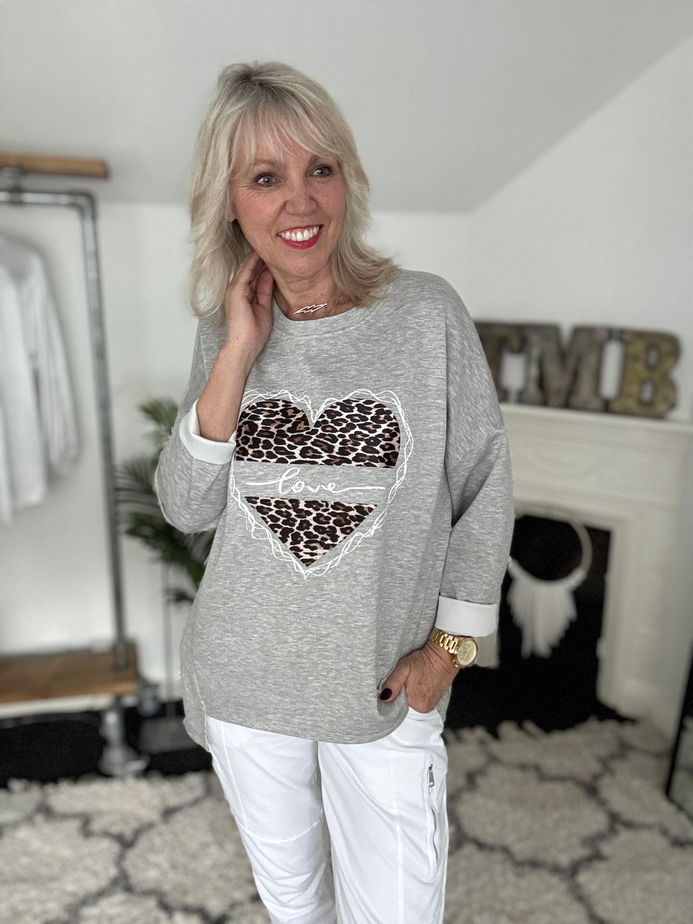 Leopard Heart Sweatshirt in Marl Grey