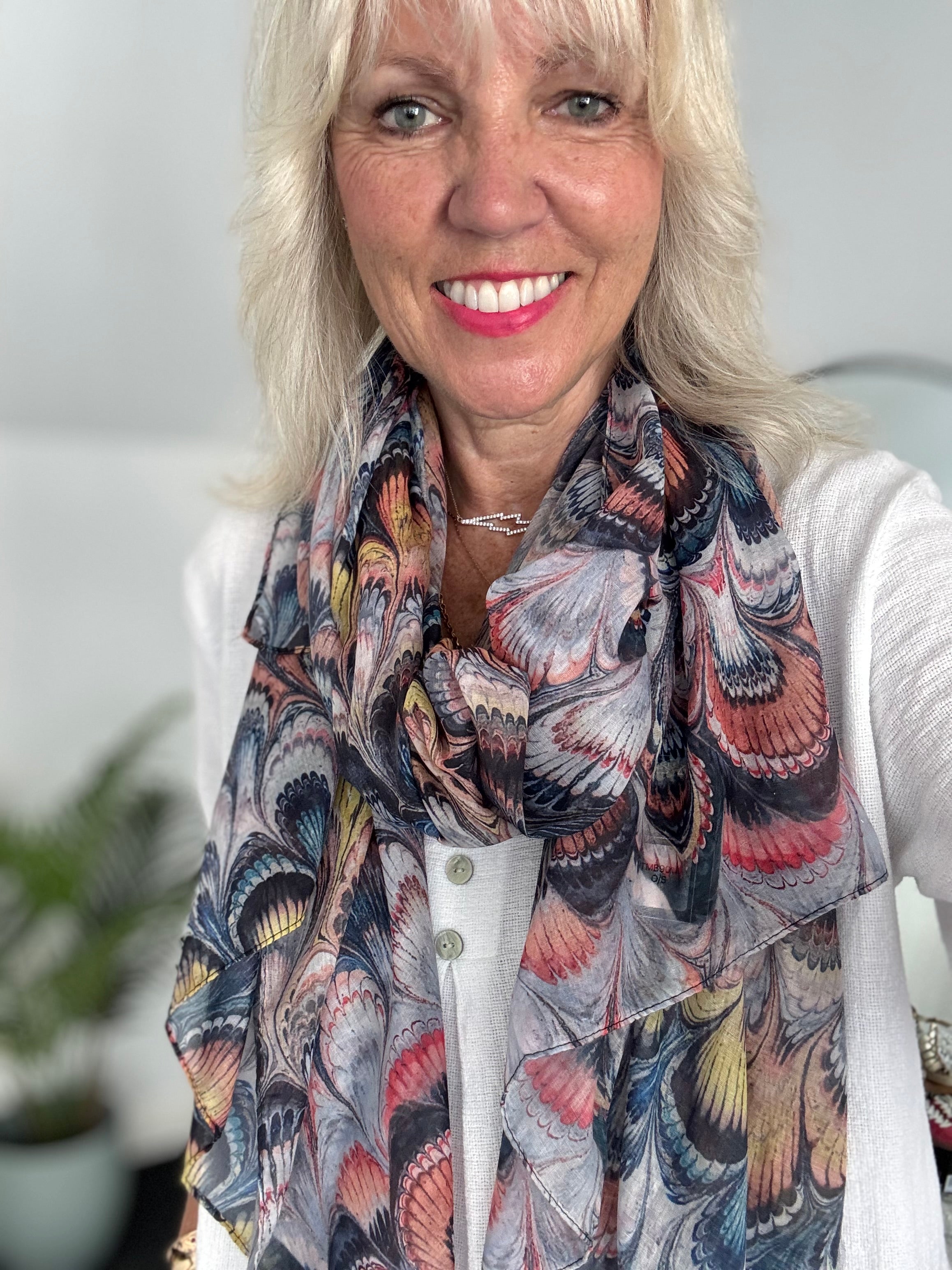 Feather Pattern Multi Coloured Silky Scarf