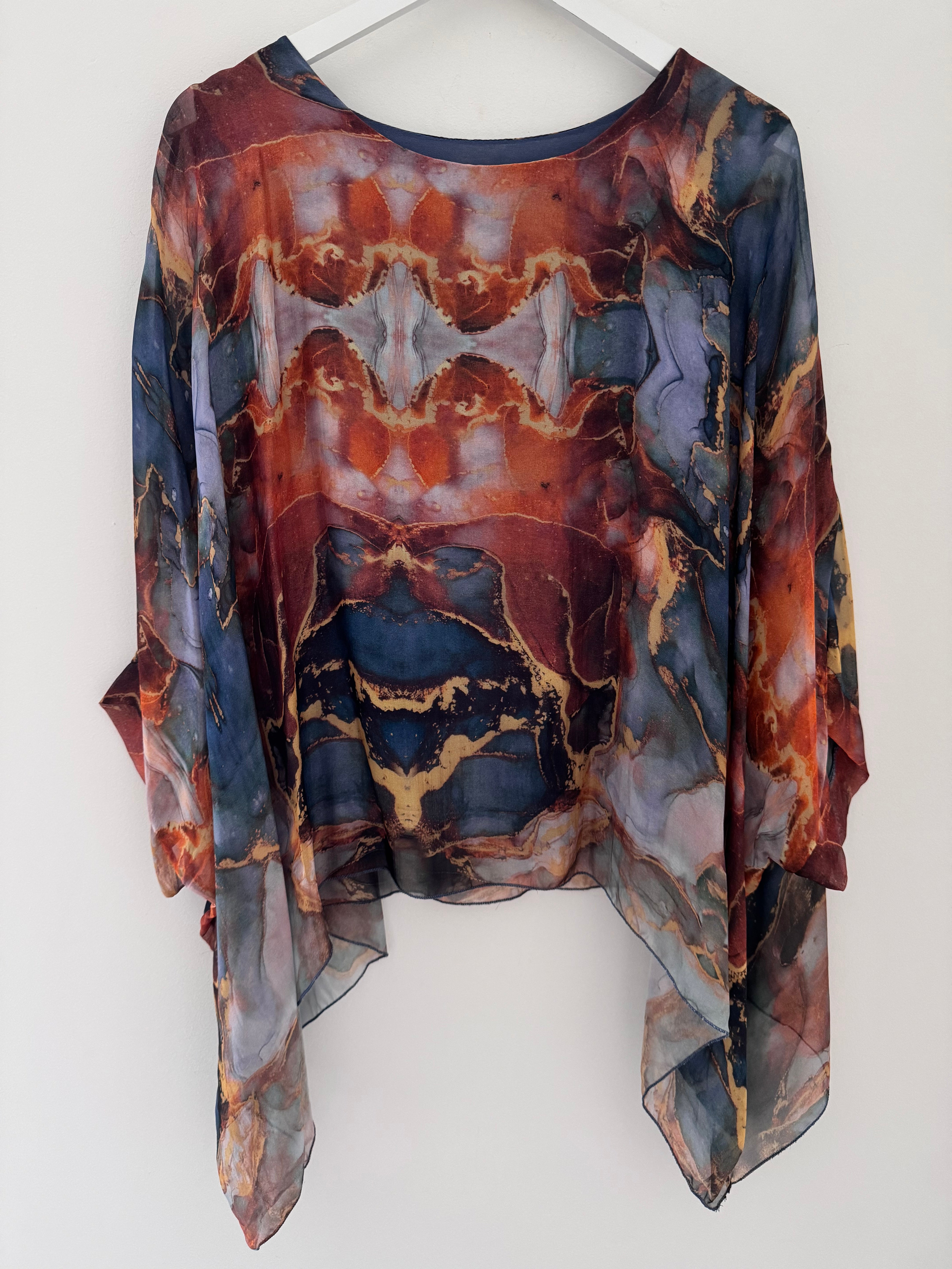 Silk Blouse in Dark Blue & Rust Marble