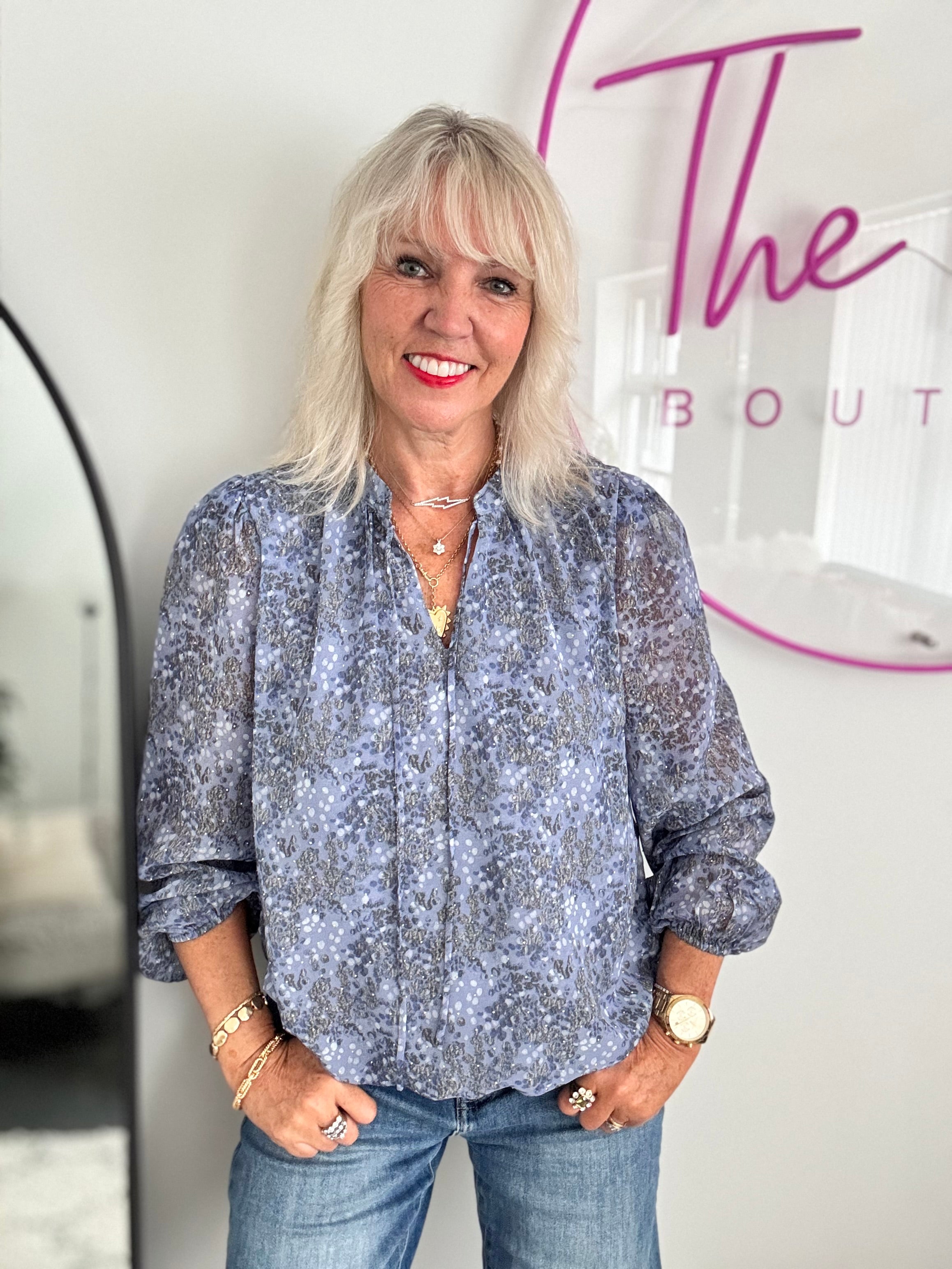 Embellished Blouse in Blue & Grey