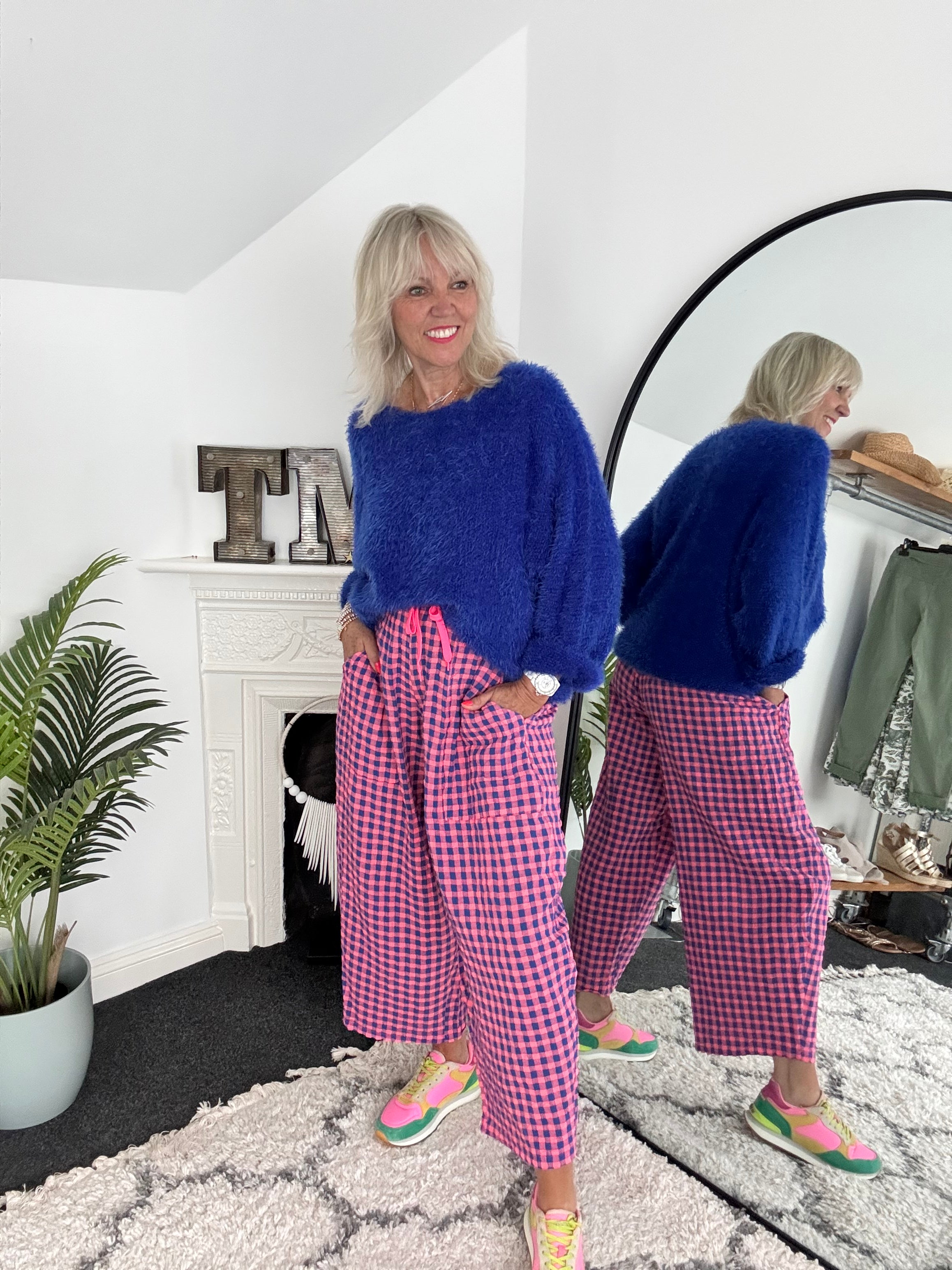 Barrel Check Trousers in Pink & Blue