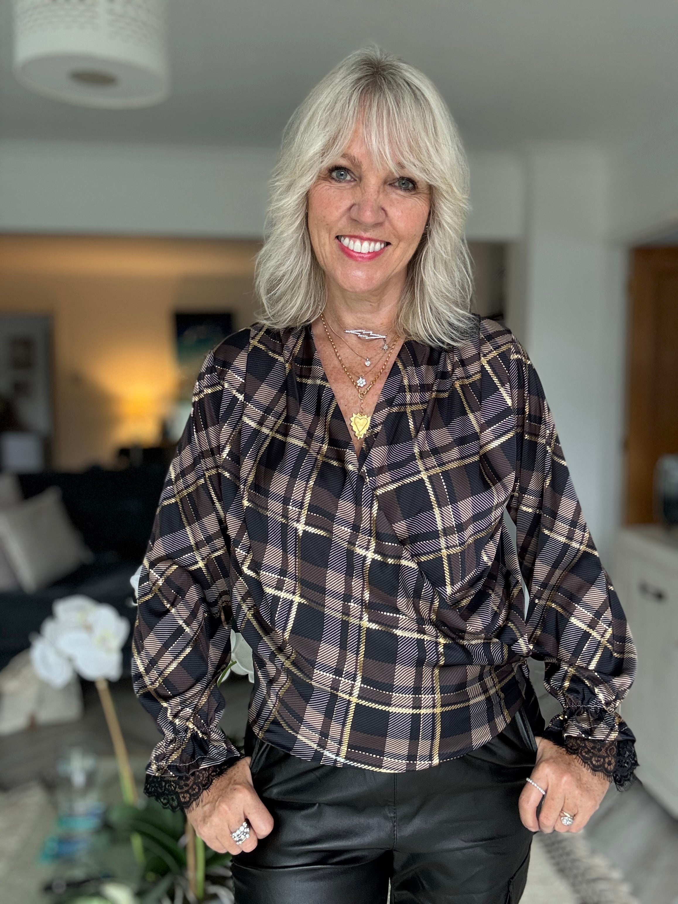 Silky Check Blouse in Chocolate & Black