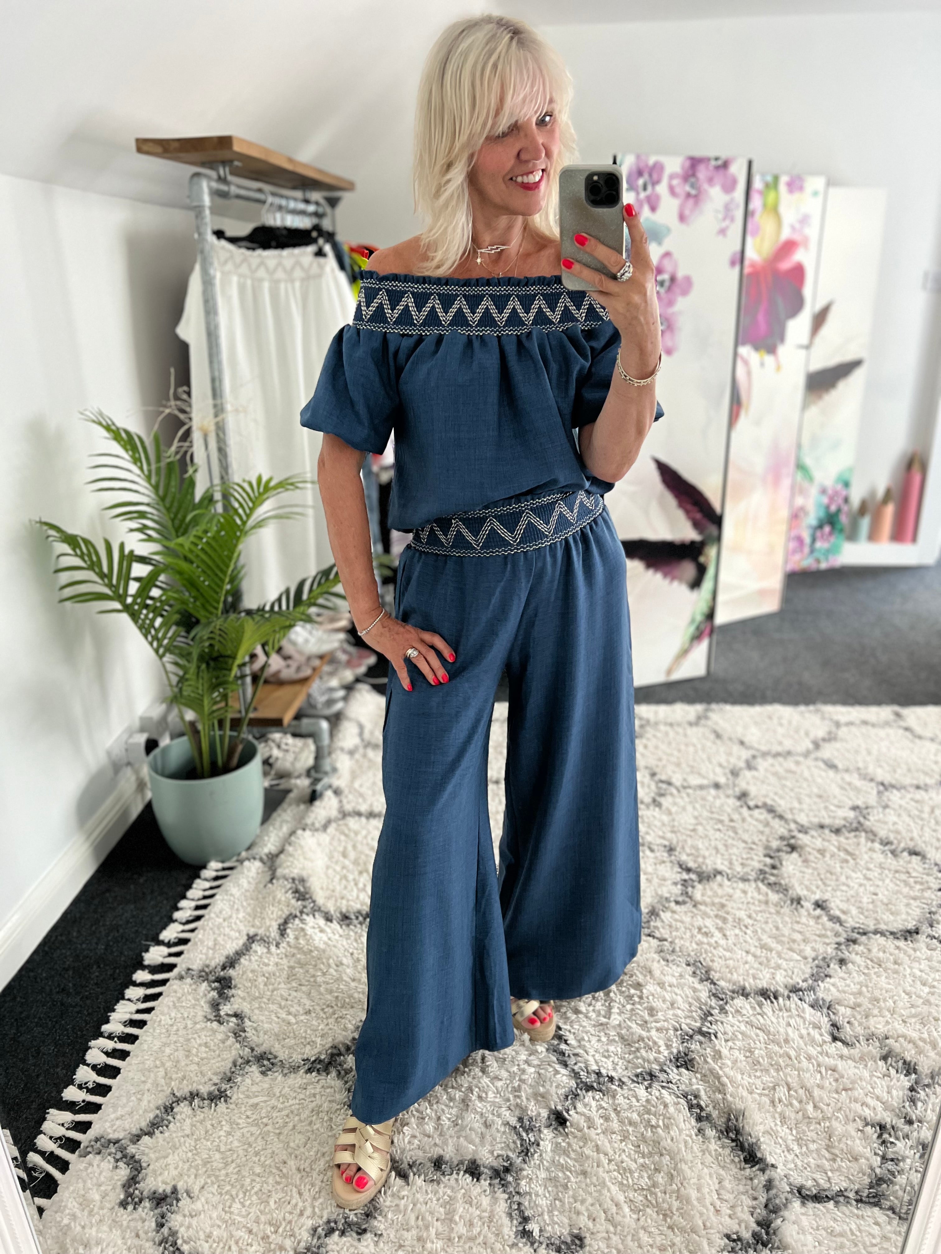 Wide Leg Trousers with Embroidered Waist in Blue