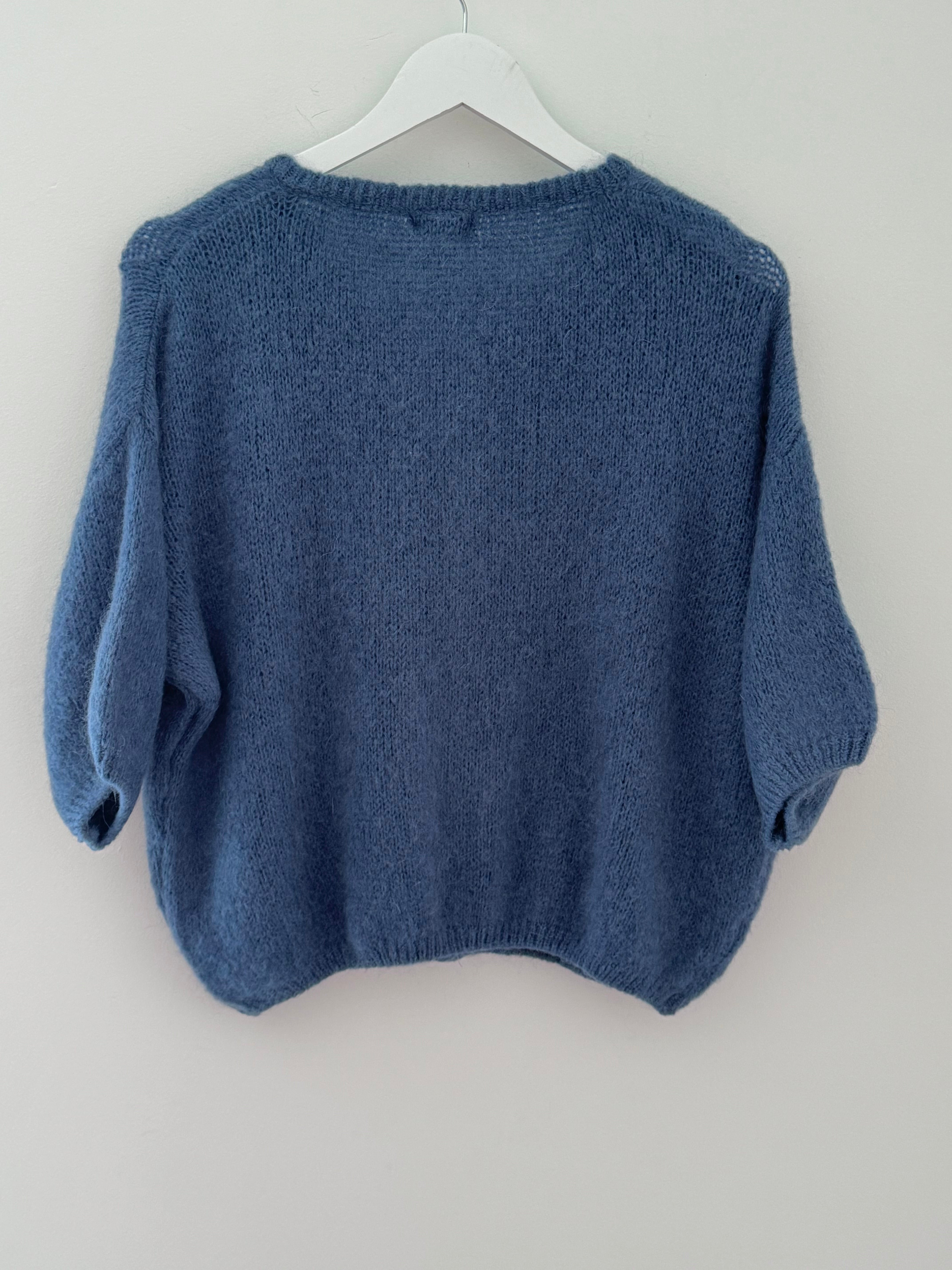 Cropped Sleeve Buttoned Cardi in Soft Denim